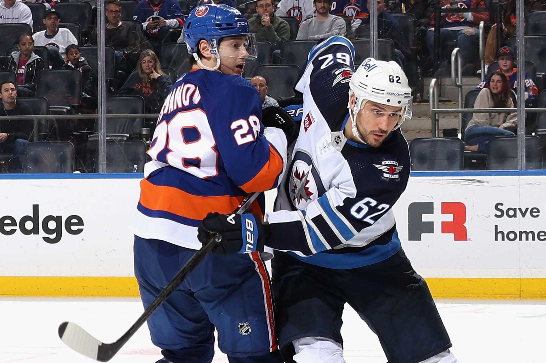 ELMONT, NEW YORK - MARCH 23: Nino Niederreiter #62 of the Winnipeg Jets skates against the New York Islanders at UBS Arena on March 23, 2024 in Elmont, New York. (Photo by Bruce Bennett/Getty Images)