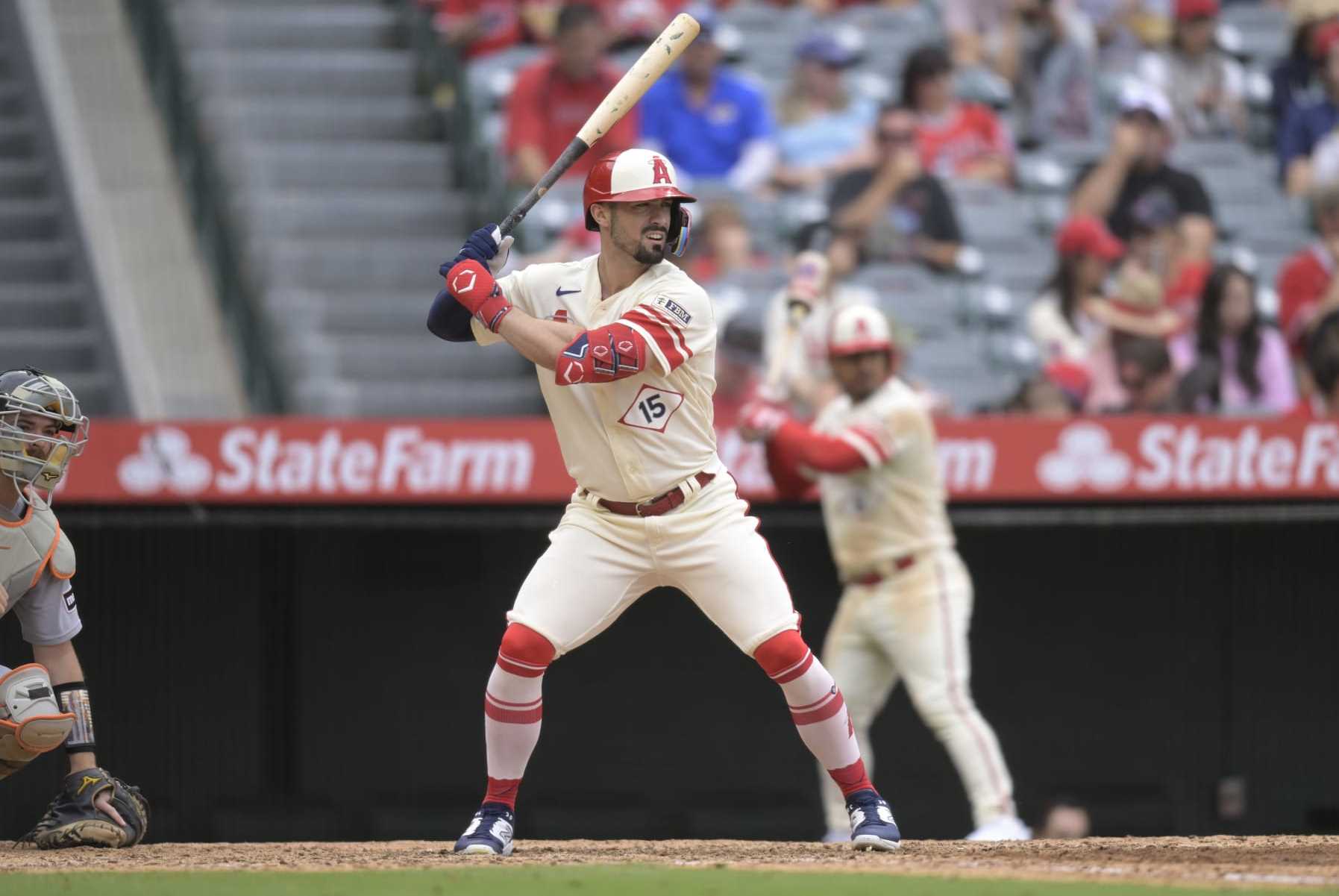ANAHEIM, CALIFORNIA - SEPTEMBER 17: Randal Grichuk #15 of the Los Angeles Angels at bat against the Detroit Tigers at Angel Stadium of Anaheim on September 17, 2023 in Anaheim, California. (Photo by John McCoy/Getty Images)
