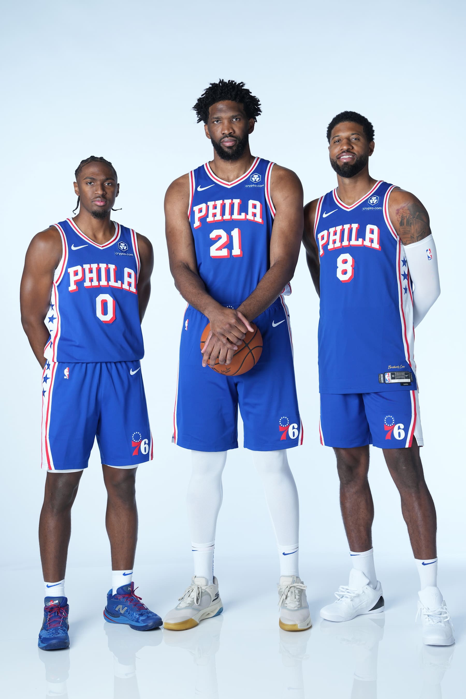 CAMDEN, NJ - SEPTEMBER 30: Tyrese Maxey #0, Joel Embiid #21, and Paul George #8 of the Philadelphia 76ers pose for a portrait during NBA Media Day on September 30, 2024 at the Philadelphia 76ers Training Complex in Camden, New Jersey. NOTE TO USER: User expressly acknowledges and agrees that, by downloading and or using this photograph, User is consenting to the terms and conditions of the Getty Images License Agreement. Mandatory Copyright Notice: Copyright 2024 NBAE (Photo by Jesse D. Garrabrant/NBAE via Getty Images)