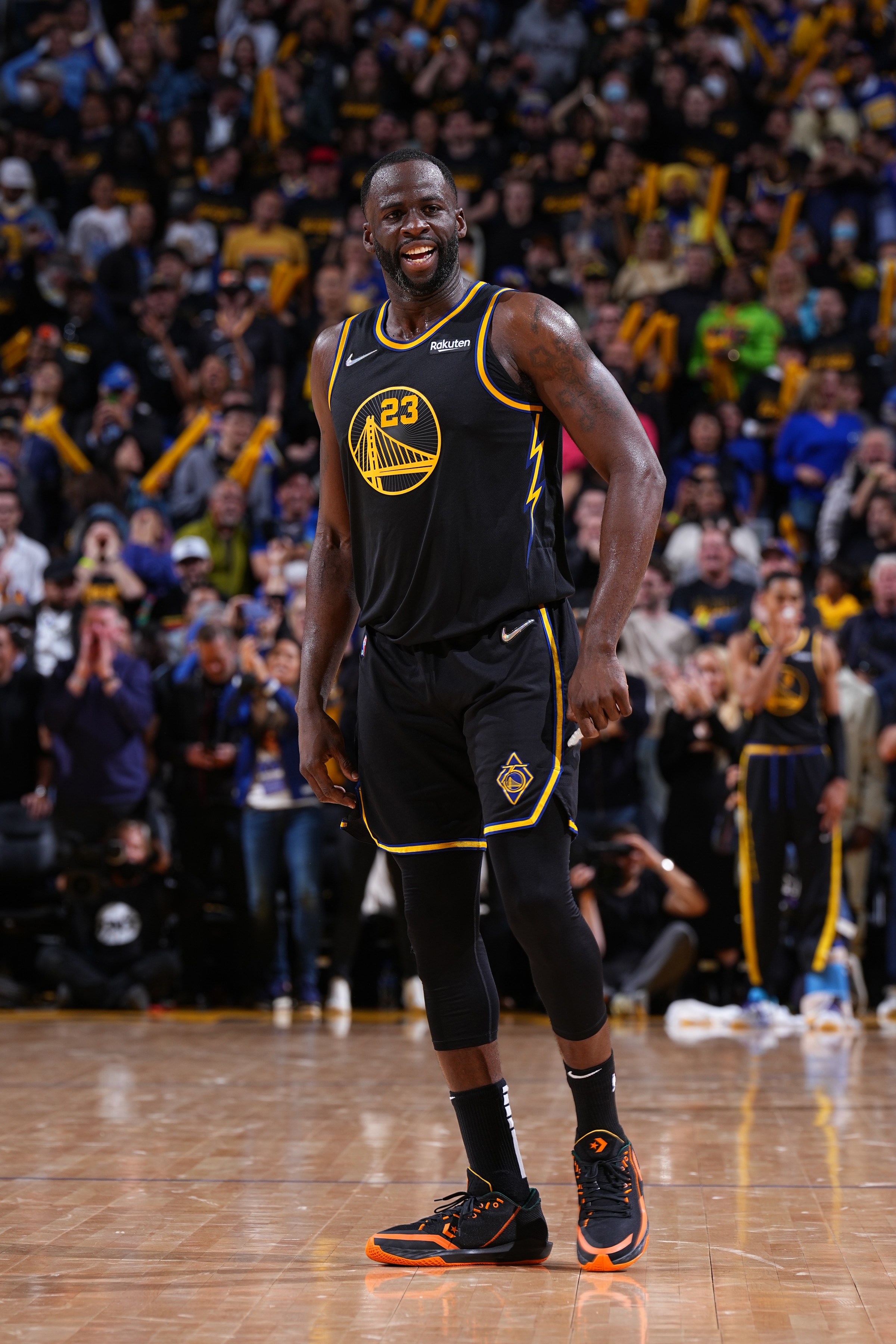 SAN FRANCISCO, CA - APRIL 27: Draymond Green #23 of the Golden State Warriors smiles during Round 1 Game 5 of the 2022 NBA Playoffs on April 27, 2022 at Chase Center in San Francisco, California. NOTE TO USER: User expressly acknowledges and agrees that, by downloading and or using this photograph, user is consenting to the terms and conditions of Getty Images License Agreement. Mandatory Copyright Notice: Copyright 2022 NBAE (Photo by Garrett Ellwood/NBAE via Getty Images)