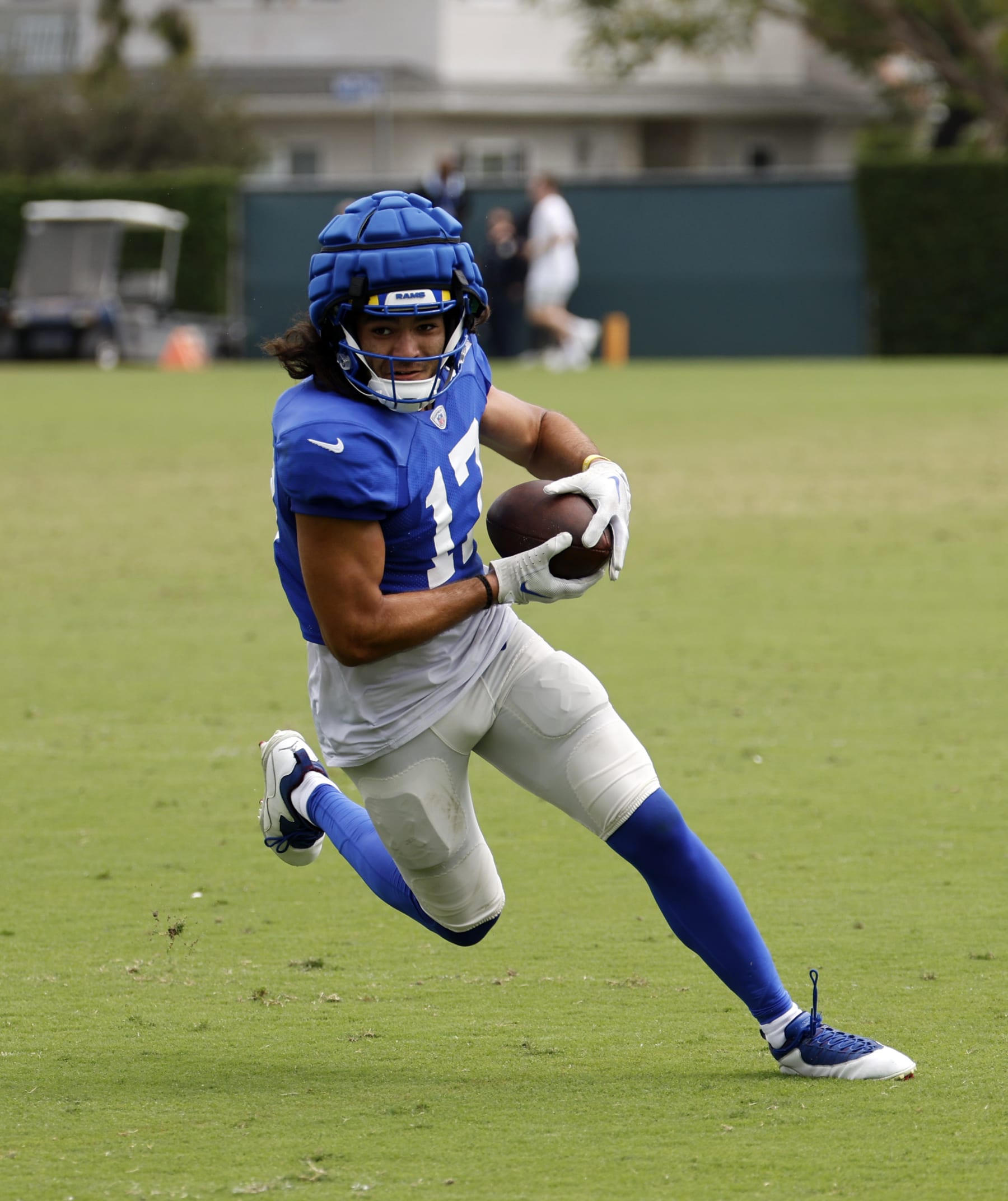 LOS ANGELES, CALIFORNIA - AUGUST 1: Wide receiver Puka Nacua #17 of the Los Angeles Rams runs after catching a pass during training camp at Loyola Marymount University on August 1, 2024 in Los Angeles, California. (Photo by Kevork Djansezian/Getty Images)
