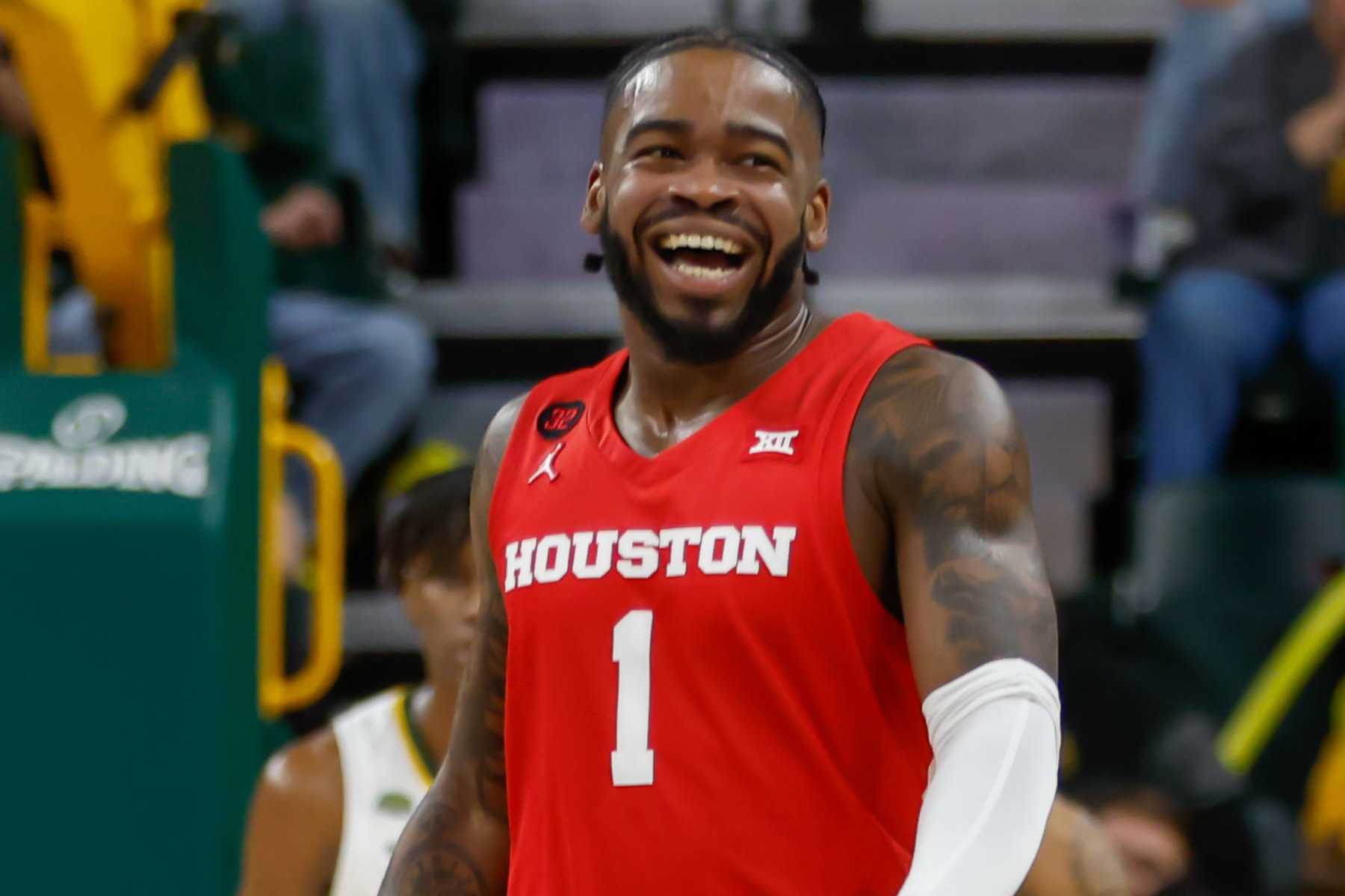 WACO, TX - FEBRUARY 24: Houston Cougars guard Jamal Shead (1) smiles as he comes up court after scoring during the Big 12 college basketball game between Baylor Bears and Houston Cougars on February 24, 2024, at Foster Pavilion in Waco, Texas. (Photo by David Buono/Icon Sportswire via Getty Images)