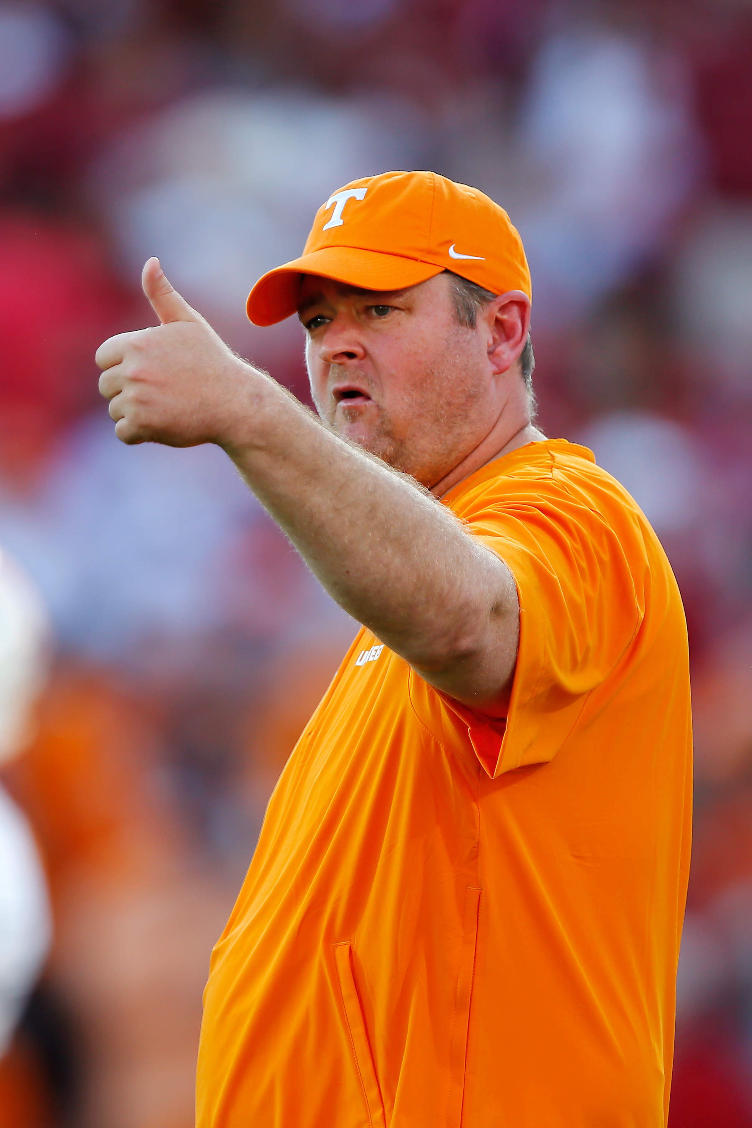 NORMAN, OKLAHOMA - SEPTEMBER 21:  Head coach Josh Heupel of the Tennessee Volunteers gives a thumbs up before a game against the Oklahoma Sooners at Gaylord Family Oklahoma Memorial Stadium on September 21, 2024 in Norman, Oklahoma.  (Photo by Brian Bahr/Getty Images)