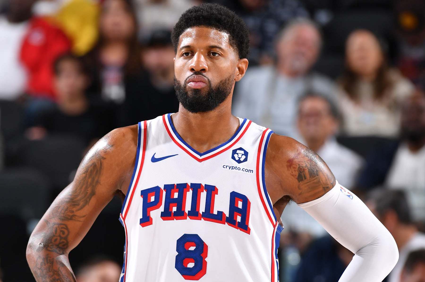 INGLEWOOD, CA - NOVEMBER 6: Paul George #8 of the Philadelphia 76ers looks on during the game against the LA Clippers on November 6, 2024 at Intuit Dome in Los Angeles, California. NOTE TO USER: User expressly acknowledges and agrees that, by downloading and/or using this Photograph, user is consenting to the terms and conditions of the Getty Images License Agreement. Mandatory Copyright Notice: Copyright 2024 NBAE (Photo by Juan Ocampo/NBAE via Getty Images)