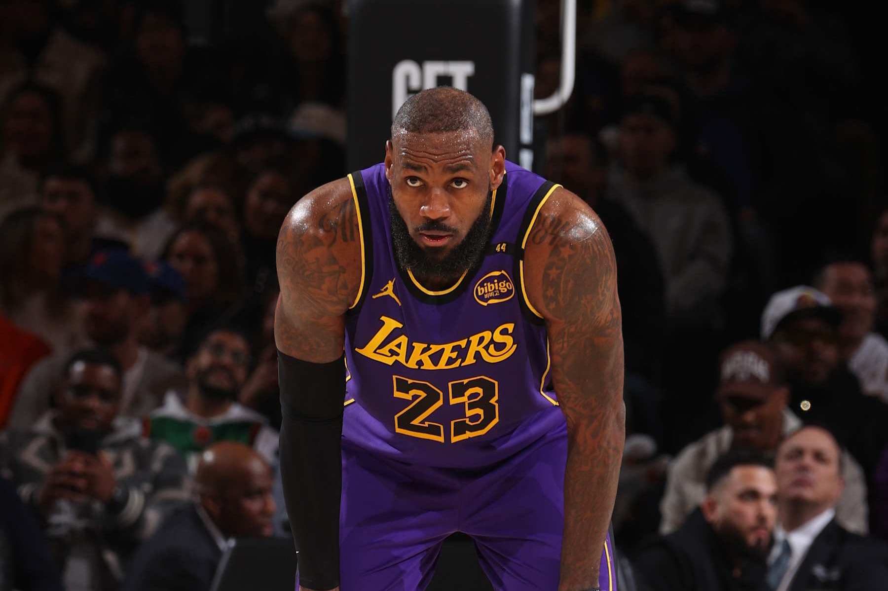 NEW YORK, NY - FEBRUARY 1: LeBron James #23 of the Los Angeles Lakers looks on during the game against the New York Knicks on February 1, 2025 at Madison Square Garden in New York City, New York. NOTE TO USER: User expressly acknowledges and agrees that, by downloading and or using this photograph, User is consenting to the terms and conditions of the Getty Images License Agreement. Mandatory Copyright Notice: Copyright 2025 NBAE (Photo by Nathaniel S. Butler/NBAE via Getty Images)