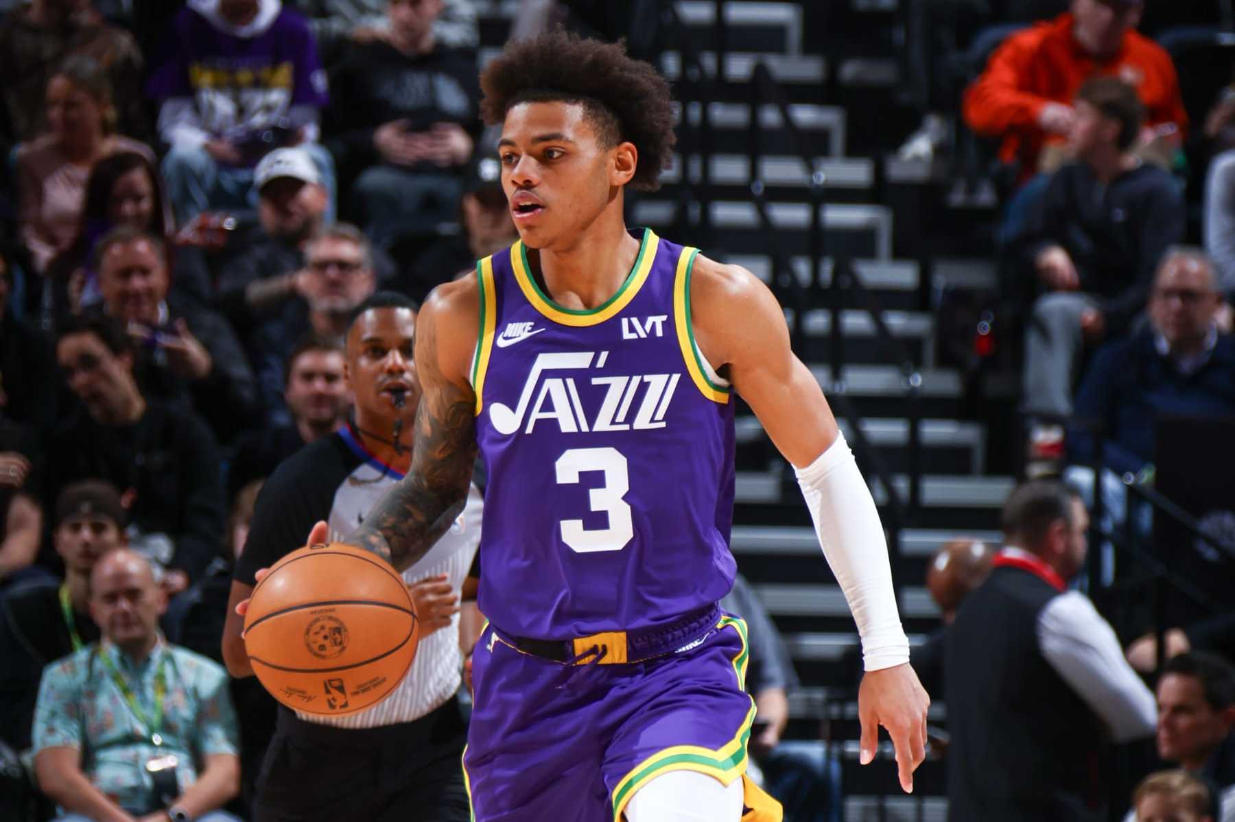 SALT LAKE CITY, UT - DECEMBER 13: Keyonte George #3 of the Utah Jazz handles the ball during the game on December 13, 2023 at vivint.SmartHome Arena in Salt Lake City, Utah. NOTE TO USER: User expressly acknowledges and agrees that, by downloading and or using this Photograph, User is consenting to the terms and conditions of the Getty Images License Agreement. Mandatory Copyright Notice: Copyright 2023 NBAE (Photo by Melissa Majchrzak/NBAE via Getty Images)