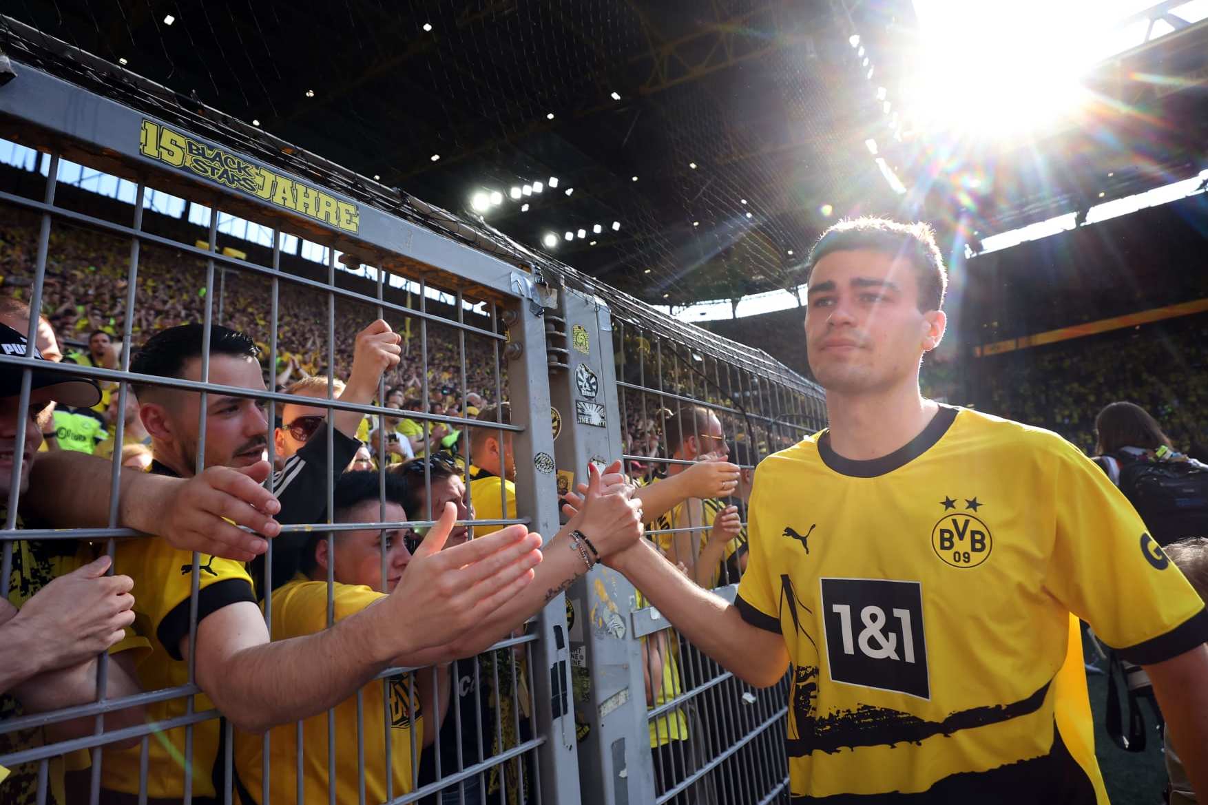 DORTMUND, GERMANY - MAY 27: Giovanni Reyna of Borussia Dortmund acknowledges the fans following the team's draw, as they finish second in the Bundesliga behind FC Bayern Munich during the Bundesliga match between Borussia Dortmund and 1. FSV Mainz 05 at Signal Iduna Park on May 27, 2023 in Dortmund, Germany. (Photo by Alex Grimm/Getty Images)