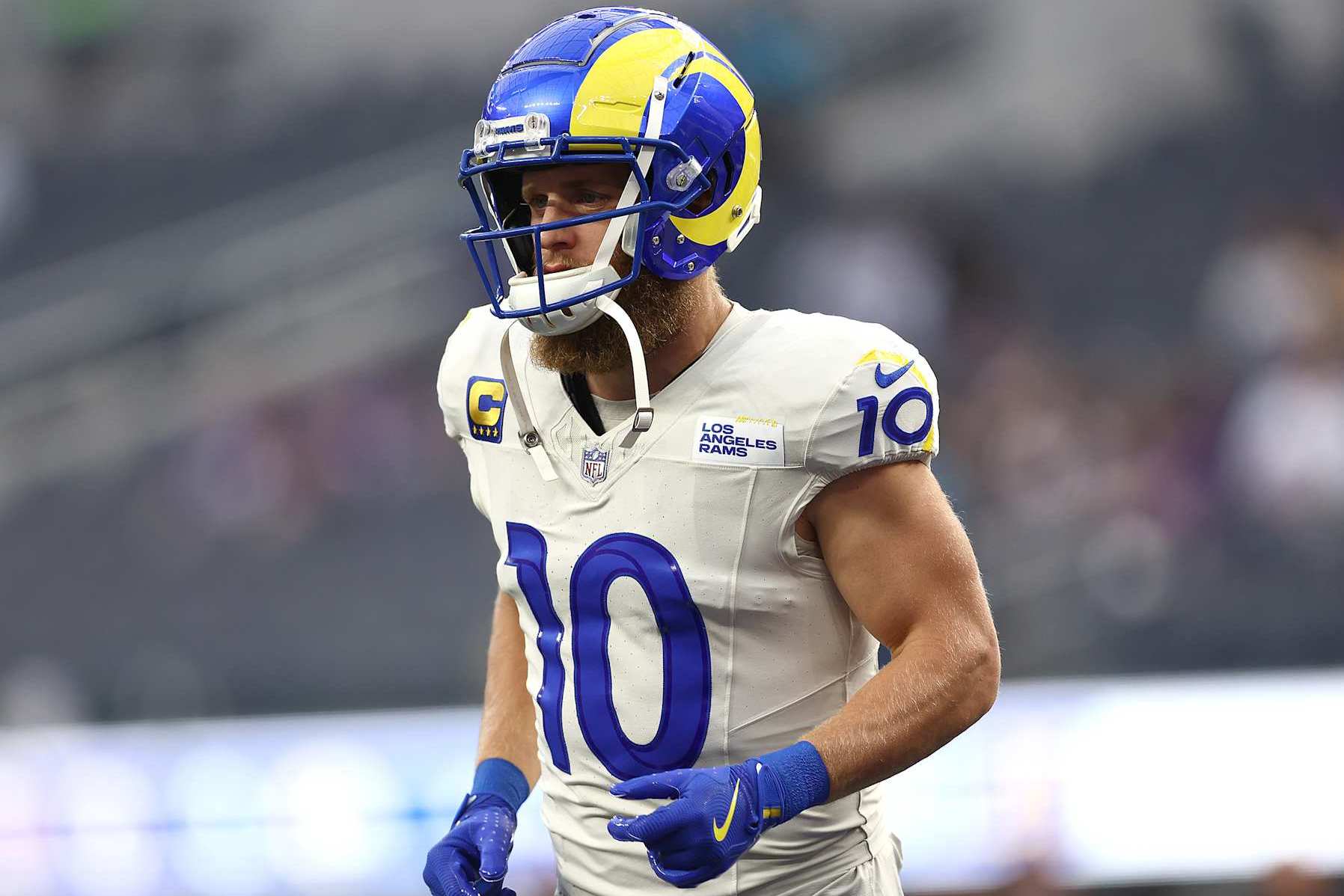 INGLEWOOD, CALIFORNIA - OCTOBER 24: Cooper Kupp #10 of the Los Angeles Rams before a game against the Minnesota Vikings at SoFi Stadium on October 24, 2024 in Inglewood, California. (Photo by Katelyn Mulcahy/Getty Images)