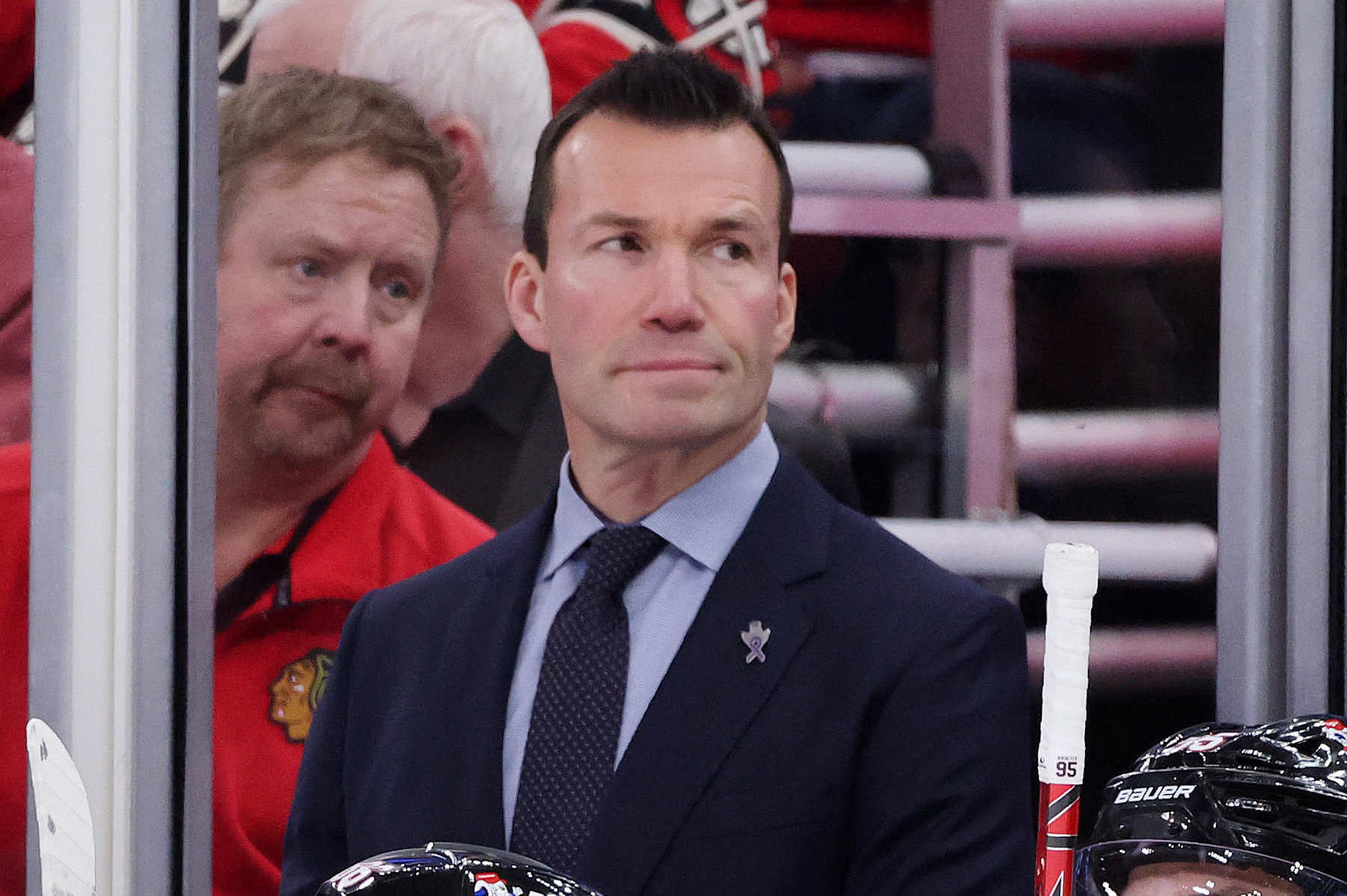 CHICAGO, ILLINOIS - DECEMBER 04: Head coach Luke Richardson of the Chicago Blackhawks looks on against the Boston Bruins during the first period at the United Center on December 04, 2024 in Chicago, Illinois. (Photo by Michael Reaves/Getty Images)