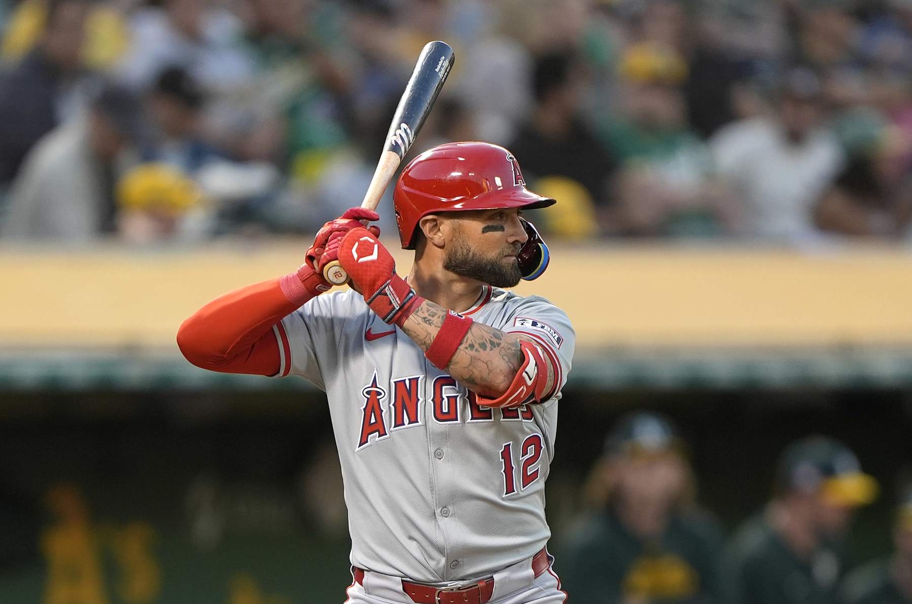 OAKLAND, CALIFORNIA - JULY 19: Kevin Pillar #12 of the Los Angeles Angels bats against the Oakland Athletics in the top of the six inning on July 19, 2024 at the Oakland Coliseum in Oakland, California. (Photo by Thearon W. Henderson/Getty Images)