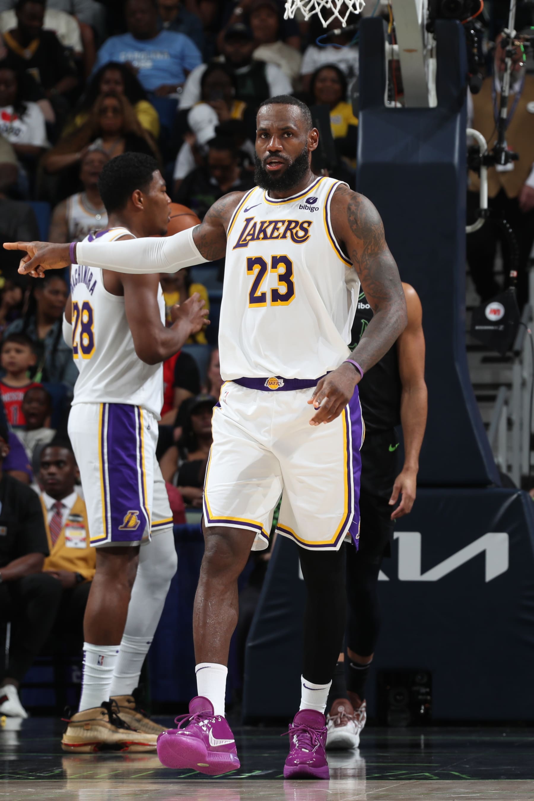 NEW ORLEANS, LA - APRIL 14: LeBron James #23 of the Los Angeles Lakers looks on during the game against the New Orleans Pelicans on April 14, 2024 at the Smoothie King Center in New Orleans, Louisiana. NOTE TO USER: User expressly acknowledges and agrees that, by downloading and or using this Photograph, user is consenting to the terms and conditions of the Getty Images License Agreement. Mandatory Copyright Notice: Copyright 2024 NBAE (Photo by Layne Murdoch Jr./NBAE via Getty Images)