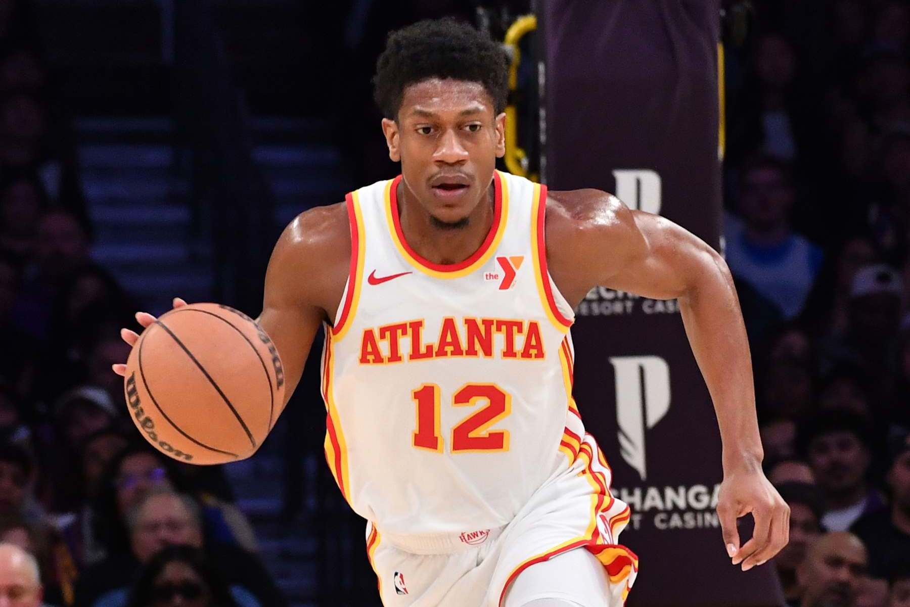 LOS ANGELES, CA - JANUARY 3:  De'Andre Hunter #12 of the Atlanta Hawks dribbles the ball during the game against the Los Angeles Lakers on January 3, 2025 at Crypto.Com Arena in Los Angeles, California. NOTE TO USER: User expressly acknowledges and agrees that, by downloading and/or using this Photograph, user is consenting to the terms and conditions of the Getty Images License Agreement. Mandatory Copyright Notice: Copyright 2025 NBAE (Photo by Juan Ocampo/NBAE via Getty Images)