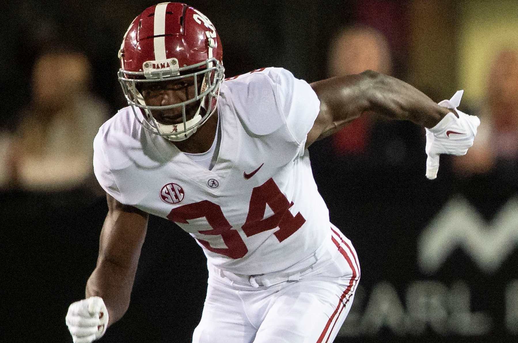 STARKVILLE, MISSISSIPPI - OCTOBER 16: Linebacker Quandarrius Robinson #34 of the Alabama Crimson Tide during their game against the Mississippi State Bulldogs at Davis Wade Stadium on October 16, 2021 in Starkville, Mississippi. (Photo by Michael Chang/Getty Images)