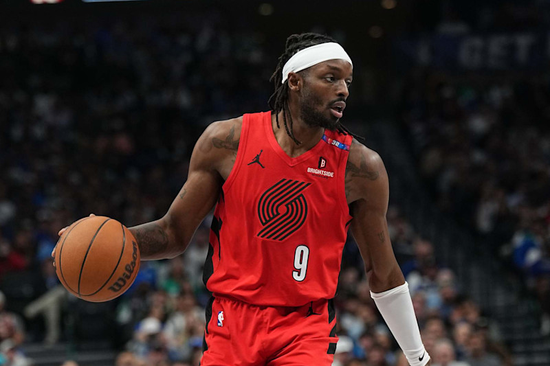 DALLAS, TX - DECEMBER 23: Jerami Grant #9 of the Portland Trail Blazers dribbles the ball during the game against the Dallas Mavericks on December 23, 2024 at American Airlines Center in Dallas, Texas. NOTE TO USER: User expressly acknowledges and agrees that, by downloading and or using this photograph, User is consenting to the terms and conditions of the Getty Images License Agreement. Mandatory Copyright Notice: Copyright 2024 NBAE (Photo by Glenn James/NBAE via Getty Images)