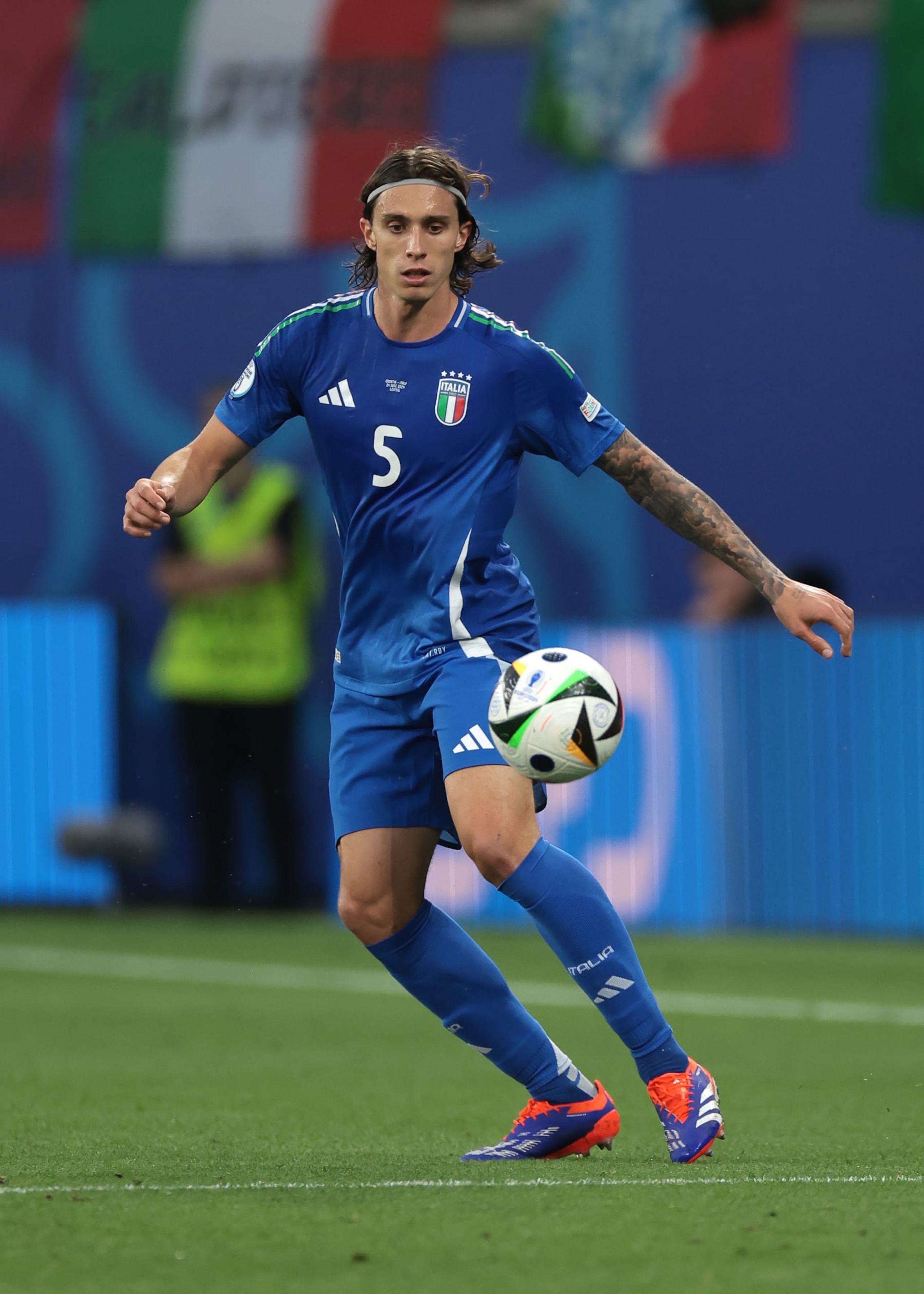 LEIPZIG, GERMANY - JUNE 24: Riccardo Calafiori of Italy during the UEFA EURO 2024 group stage match between Croatia and Italy at Football Stadium Leipzig on June 24, 2024 in Leipzig, Germany. (Photo by Jonathan Moscrop/Getty Images)