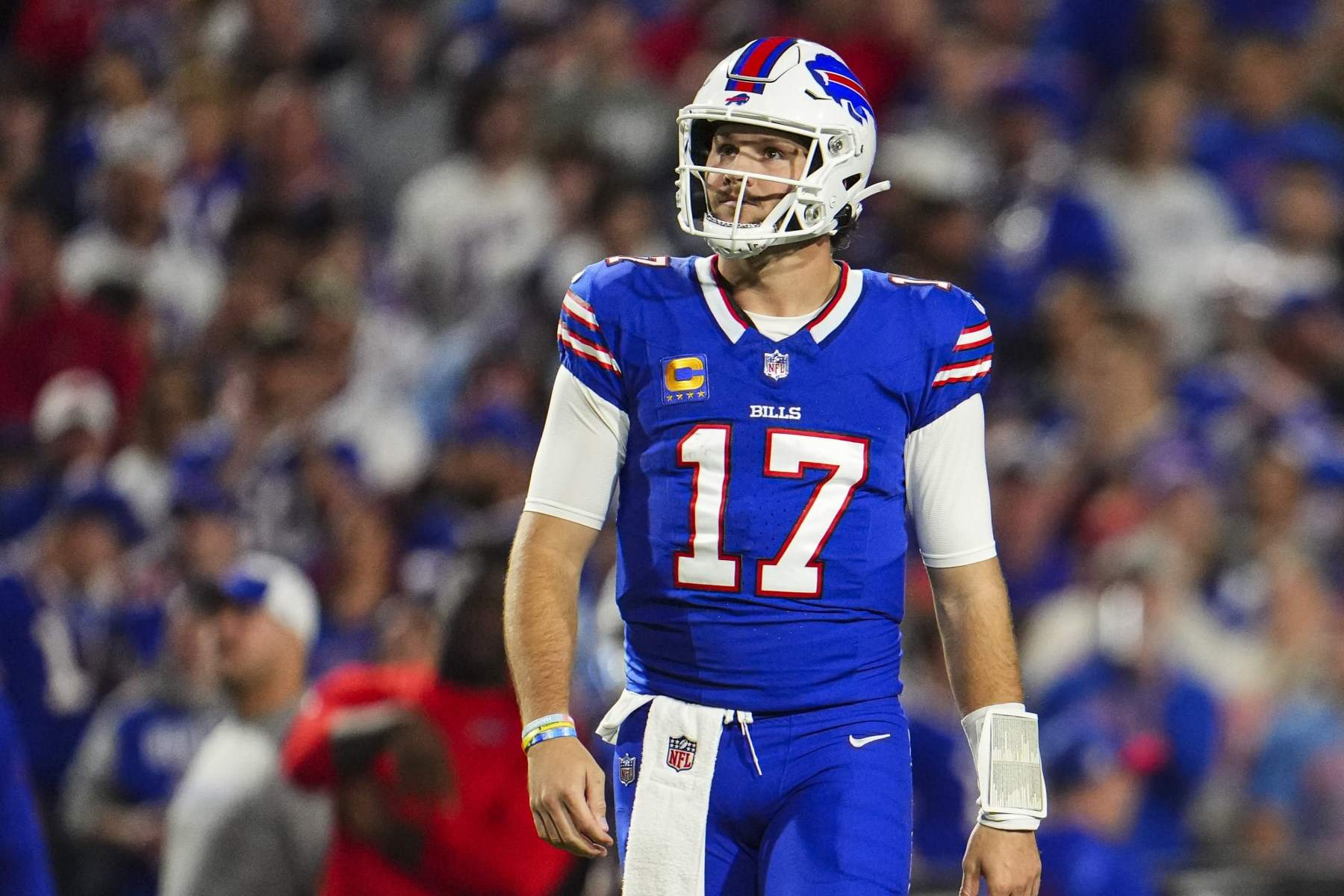 ORCHARD PARK, NY - OCTOBER 26: Josh Allen #17 of the Buffalo Bills looks on from the field during an NFL football game against the Tampa Bay Buccaneers at Highmark Stadium on October 26, 2023 in Orchard Park, New York. (Photo by Cooper Neill/Getty Images)