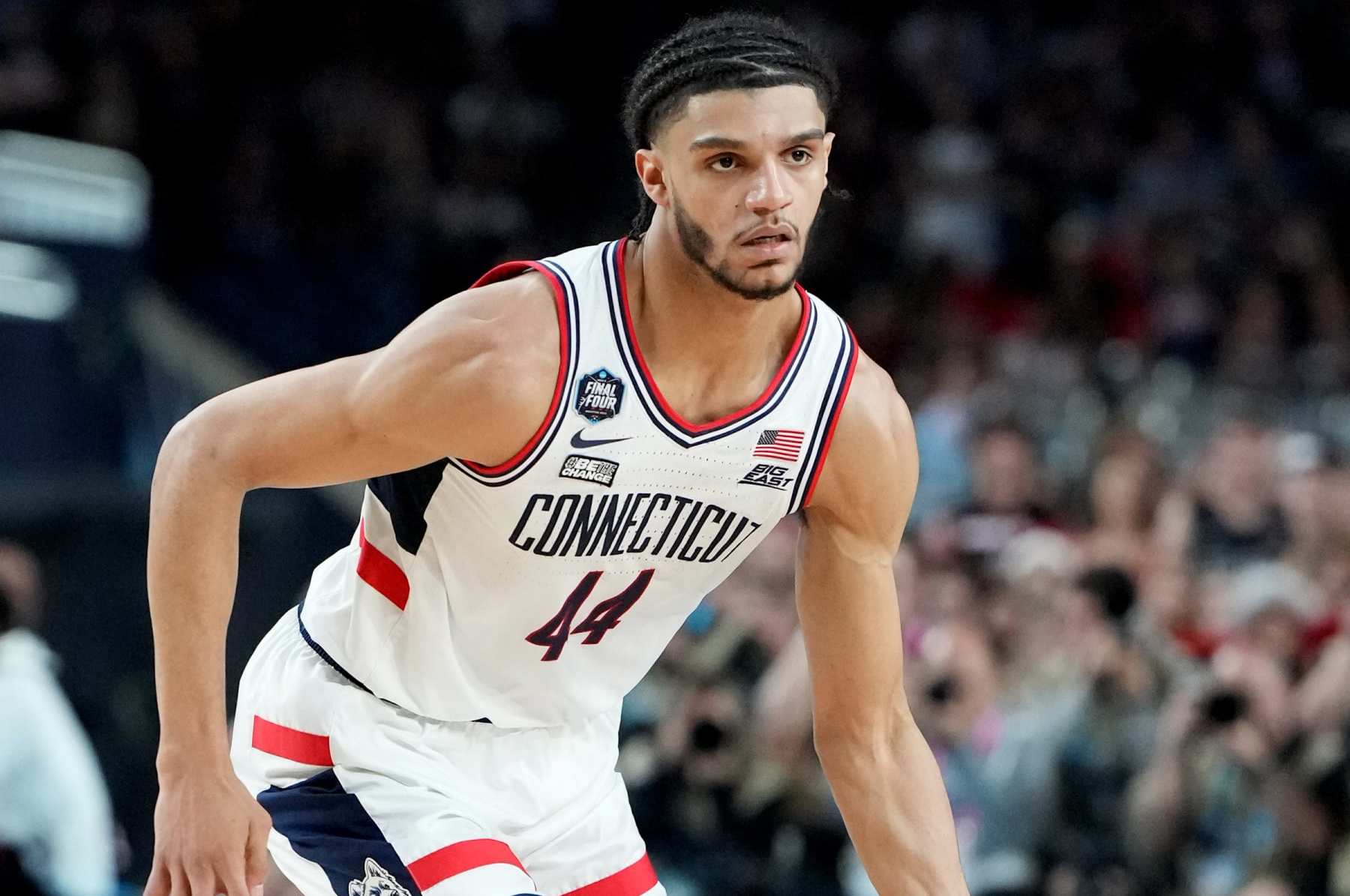 HOUSTON, TEXAS - APRIL 03: Andre Jackson Jr. #44 of the Connecticut Huskies dribbles the ball during the NCAA Men's Basketball Tournament Final Four championship game against the San Diego State Aztecs at NRG Stadium on April 03, 2023 in Houston, Texas. (Photo by Mitchell Layton/Getty Images)