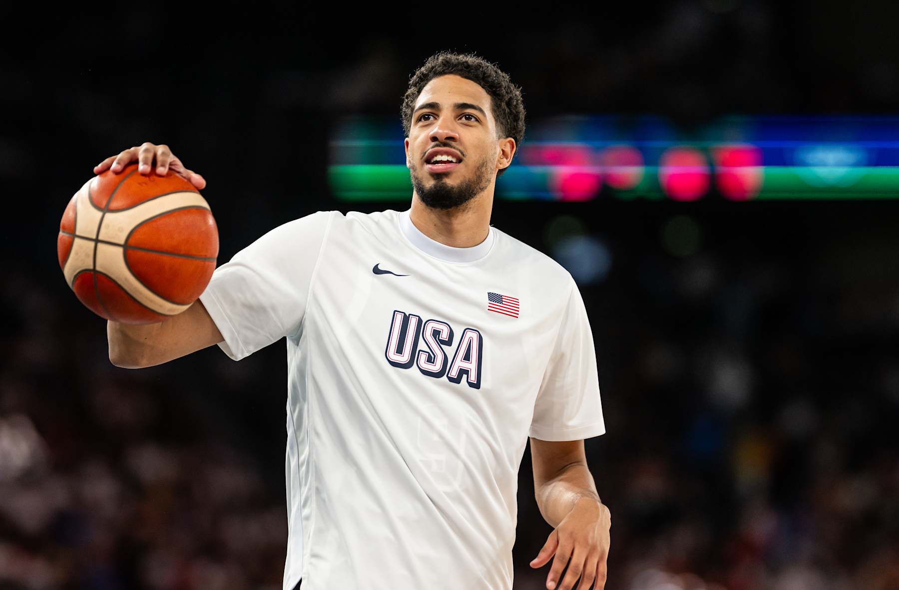 PARIS, FRANCE - AUGUST 06: Tyrese Haliburton of USA warms up during the quarterfinal between USA and Brazil  on day eleven of the Olympic Games Paris 2024 at Bercy Arena on August 06, 2024 in Paris, France. (Photo by Marvin Ibo Guengoer - GES Sportfoto/Getty Images)
