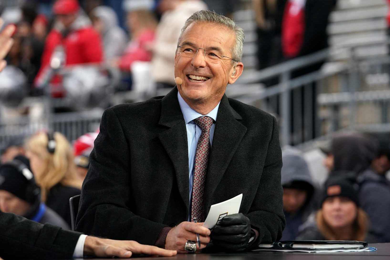 COLUMBUS, OHIO - NOVEMBER 23: Urban Meyer commentates before the game between the Indiana Hoosiers and the Ohio State Buckeyes at Ohio Stadium on November 23, 2024 in Columbus, Ohio. (Photo by Jason Mowry/Getty Images)