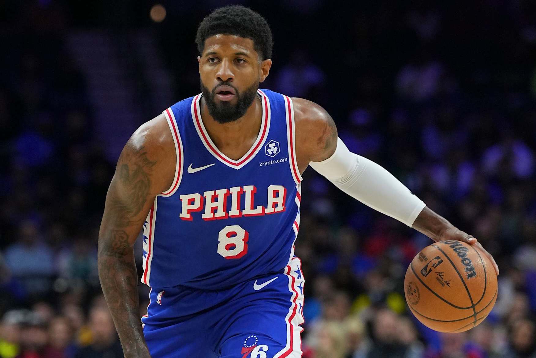 PHILADELPHIA, PENNSYLVANIA - NOVEMBER 10: Paul George #8 of the Philadelphia 76ers dribbles the ball against the Charlotte Hornets at the Wells Fargo Center on November 10, 2024 in Philadelphia, Pennsylvania. NOTE TO USER: User expressly acknowledges and agrees that, by downloading and/or using this photograph, user is consenting to the terms and conditions of the Getty Images License Agreement. (Photo by Mitchell Leff/Getty Images)