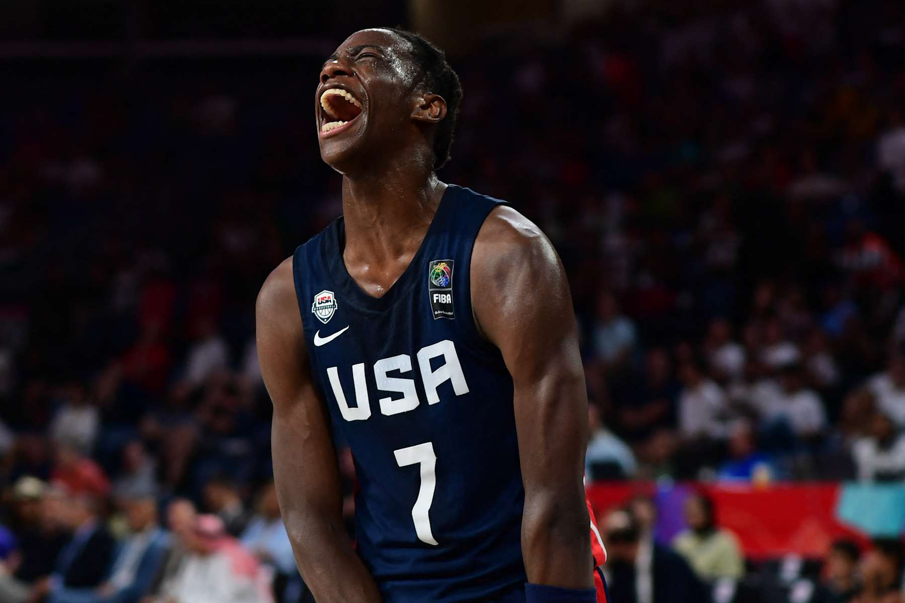 AJ Dybantsa, #7 of the United States of America (USA) in action during the FIBA U17 Basketball World Cup - Turkiye 2024 Final match between Italy and the United States of America (USA) at Sinan Erdem Dome in Istanbul, Turkey on July 7, 2024. (Photo by Altan Gocher / Hans Lucas / Hans Lucas via AFP) (Photo by ALTAN GOCHER/Hans Lucas/AFP via Getty Images)