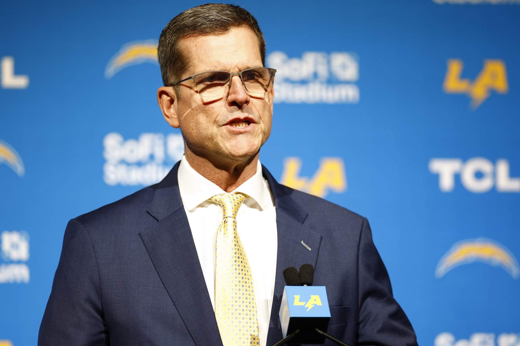 INGLEWOOD, CALIFORNIA - FEBRUARY 01: Newly appointed head coach Jim Harbaugh of the Los Angeles Chargers speaks to the media during a press conference at YouTube Theater on February 01, 2024 in Inglewood, California. (Photo by Ronald Martinez/Getty Images)