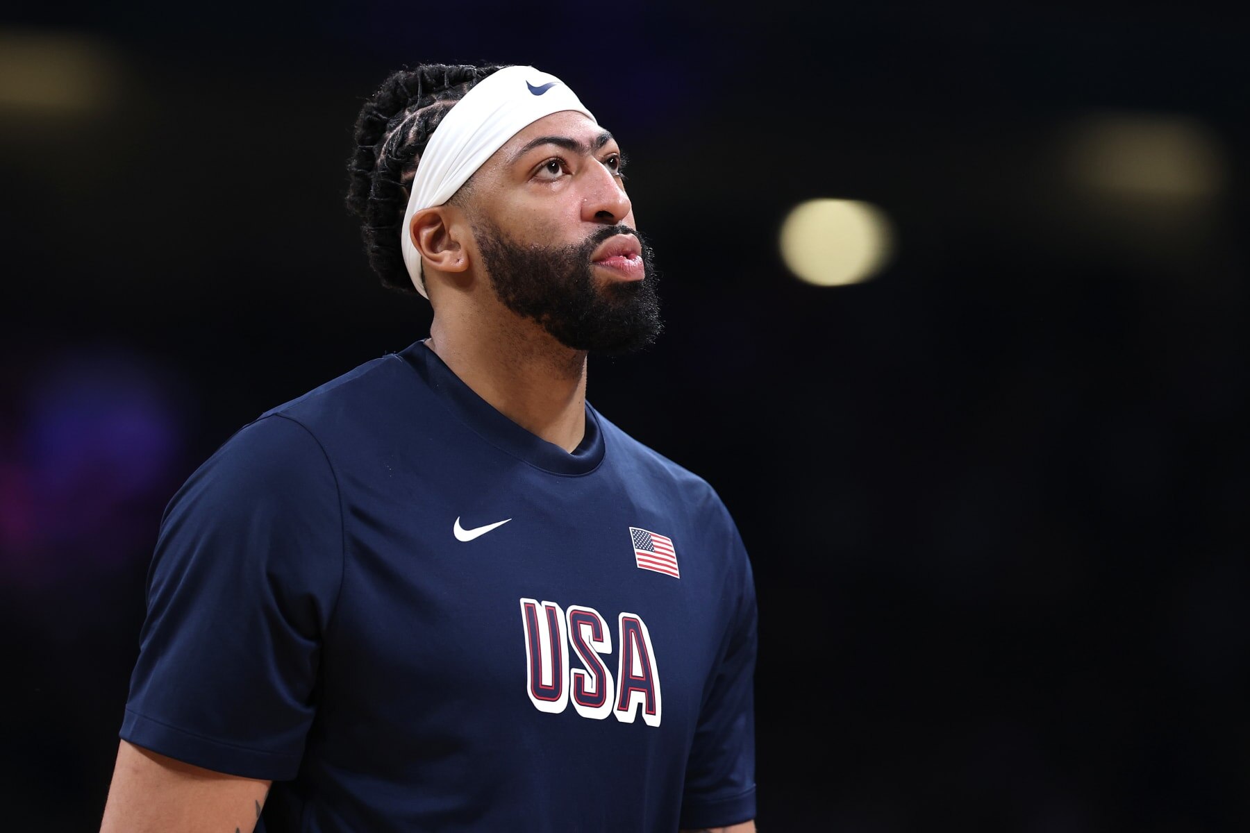 LILLE, FRANCE - JULY 31: Anthony Davis #14 of Team United States looks on during a Men's Group Phase - Group C game between the United States and South Sudan on day five of the Olympic Games Paris 2024 at Stade Pierre Mauroy on July 31, 2024 in Lille, France. (Photo by Gregory Shamus/Getty Images)