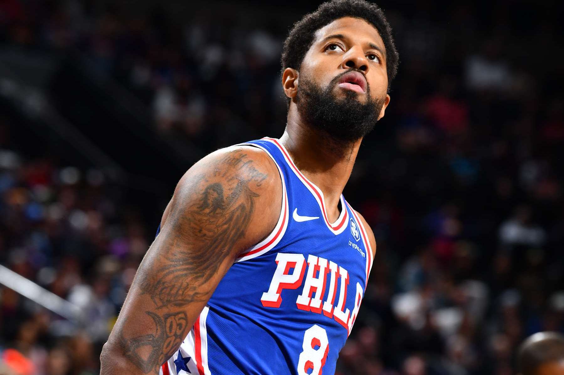 PHOENIX, AZ - NOVEMBER 4: Paul George #8 of the Philadelphia 76ers looks on during the game against the Phoenix Suns on November 4, 2024 at Footprint Center in Phoenix, Arizona. NOTE TO USER: User expressly acknowledges and agrees that, by downloading and or using this photograph, user is consenting to the terms and conditions of the Getty Images License Agreement. Mandatory Copyright Notice: Copyright 2024 NBAE (Photo by Barry Gossage/NBAE via Getty Images)