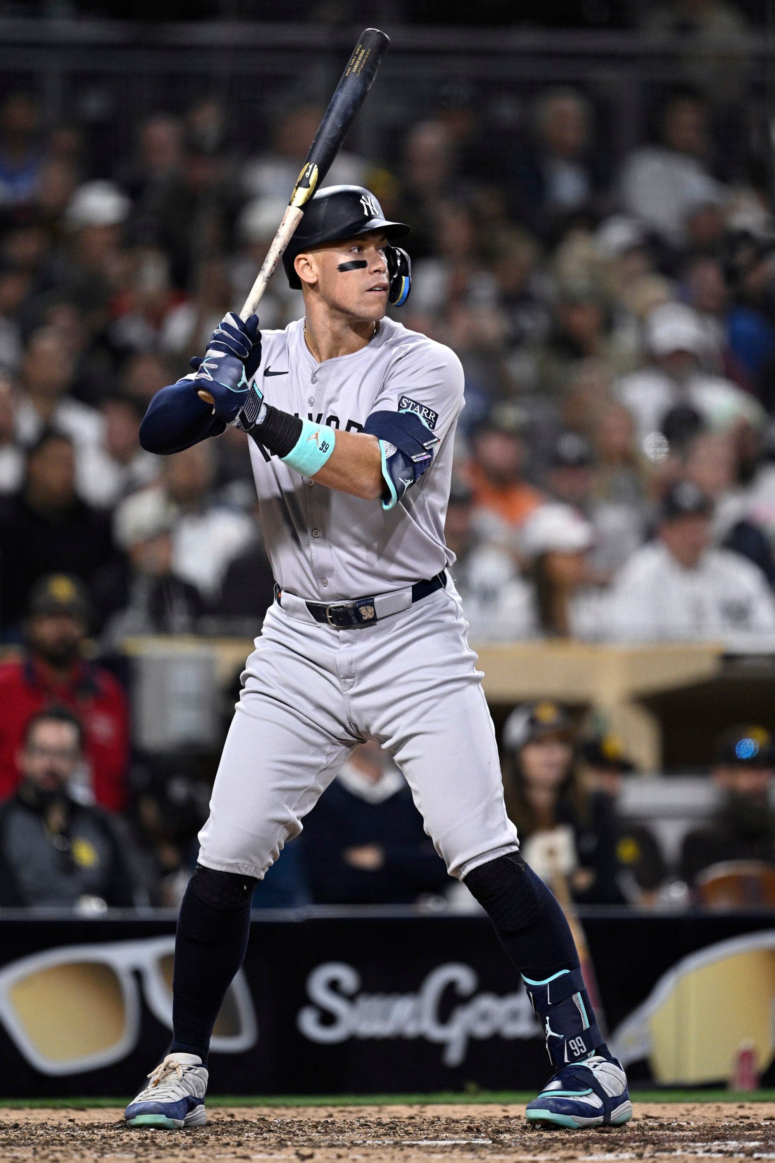 SAN DIEGO, CALIFORNIA - MAY 24: Aaron Judge #99 of the New York Yankees bats during the seventh inning against the San Diego Padres at Petco Park on May 24, 2024 in San Diego, California. (Photo by Orlando Ramirez/Getty Images)