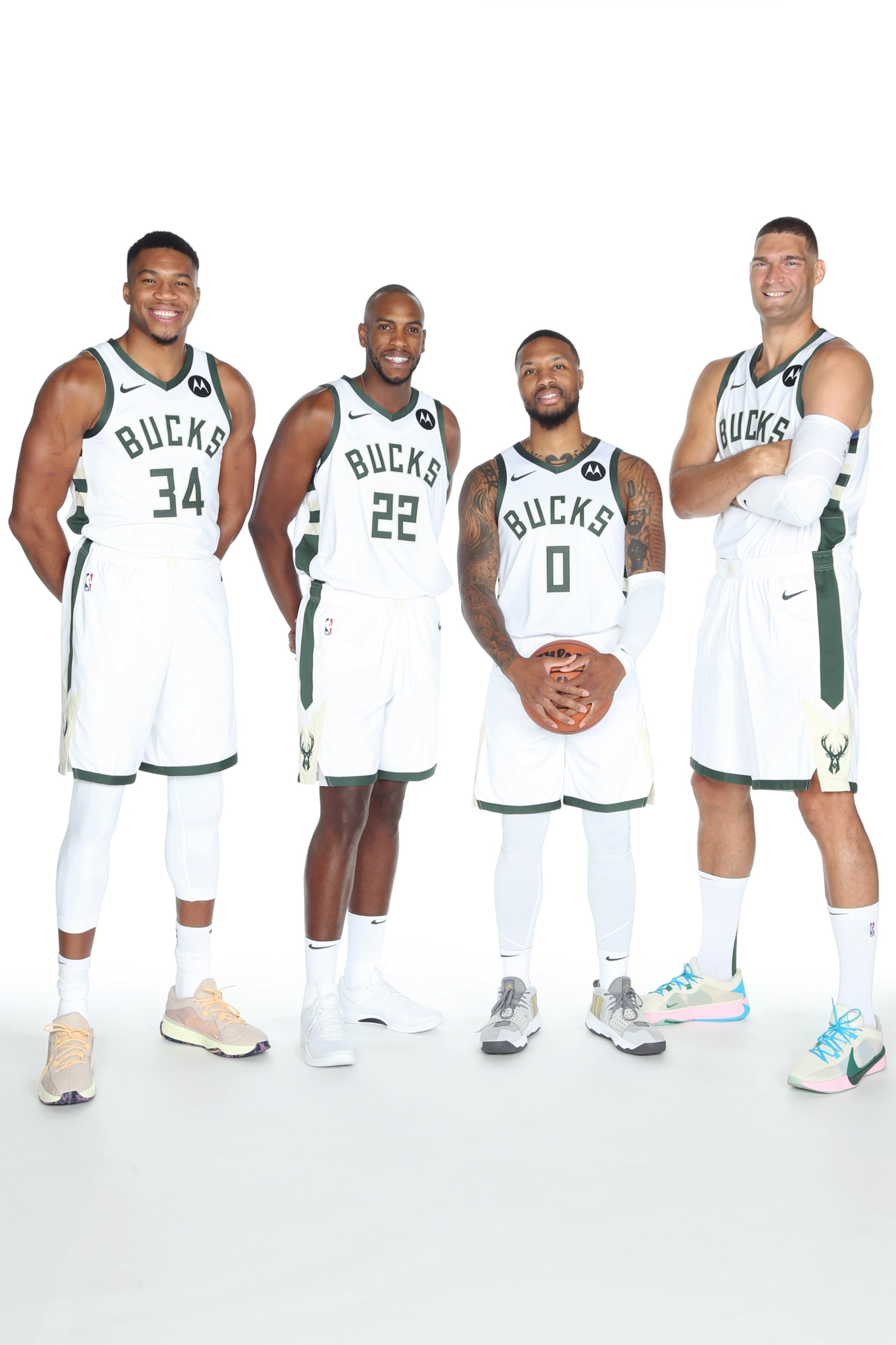 MILWAUKEE, WI - OCTOBER 02: Giannis Antetokounmpo #34, Khris Middleton #22, Damian Lillard #0 and Brook Lopez #11 of the Milwaukee Bucks pose for a portrait during 2023-24 NBA Media Day on October 02, 2023 at the Froedtert & Medical Science of Wisconsin Sports Science Center in Milwaukee, Wisconsin. NOTE TO USER: User expressly acknowledges and agrees that, by downloading and or using this Photograph, user is consenting to the terms and conditions of the Getty Images License Agreement. Mandatory Copyright Notice: Copyright 2023 NBAE (Photo by Gary Dineen/NBAE via Getty Images) MILWAUKEE, WI - OCTOBER 02: Giannis Antetokounmpo #34, Khris Middleton #22, Damian Lillard #0 and Brook Lopez #11 of the Milwaukee Bucks pose for a portrait during 2023-24 NBA Media Day on October 02, 2023 at the Froedtert & Medical Science of Wisconsin Sports Science Center in Milwaukee, Wisconsin. NOTE TO USER: User expressly acknowledges and agrees that, by downloading and or using this Photograph, user is consenting to the terms and conditions of the Getty Images License Agreement. Mandatory Copyright Notice: Copyright 2023 NBAE (Photo by Gary Dineen/NBAE via Getty Images)
