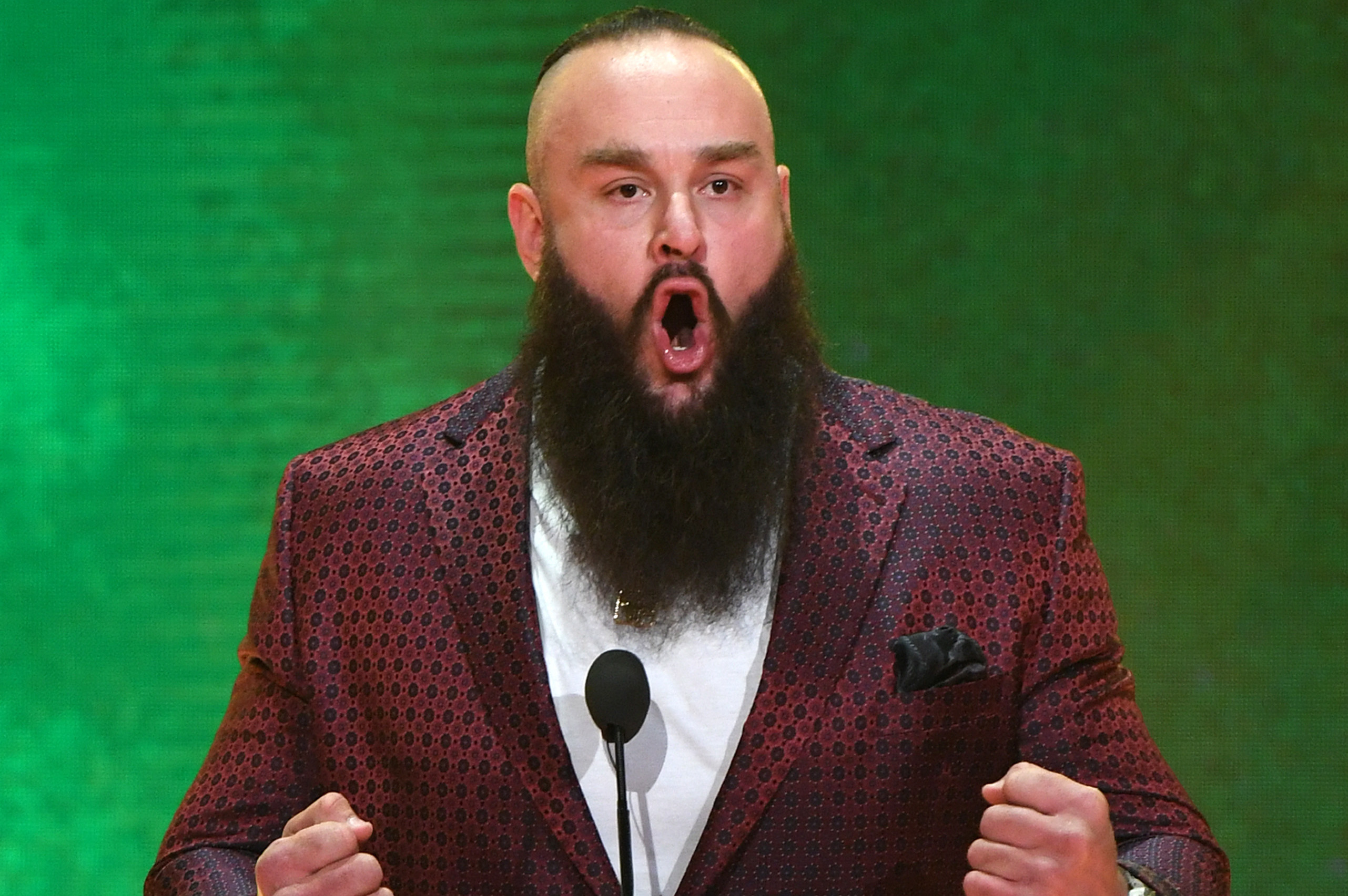 LAS VEGAS, NEVADA - OCTOBER 11:  WWE wrestler Braun Strowman speaks during a WWE news conference at T-Mobile Arena on October 11, 2019 in Las Vegas, Nevada. Strowman will face heavyweight boxer Tyson Fury and WWE champion Brock Lesnar will take on former UFC heavyweight champion Cain Velasquez at the WWE's Crown Jewel event at Fahd International Stadium in Riyadh, Saudi Arabia on October 31.  (Photo by Ethan Miller/Getty Images)