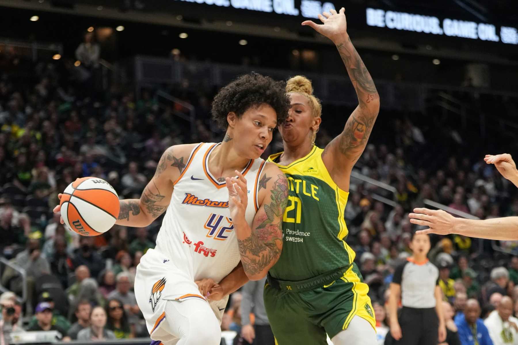 SEATTLE, WA - MAY 7: Brittney Griner #42 of the Phoenix Mercury goes to the basket during the game against the Seattle Storm during the WNBA preseason game on May 7, 2024 at Climate Pledge Arena in Seattle, Washington. NOTE TO USER: User expressly acknowledges and agrees that, by downloading and or using this photograph, User is consenting to the terms and conditions of the Getty Images License Agreement. Mandatory Copyright Notice: Copyright 2024 NBAE (Photo by Liv Lyons/NBAE via Getty Images)