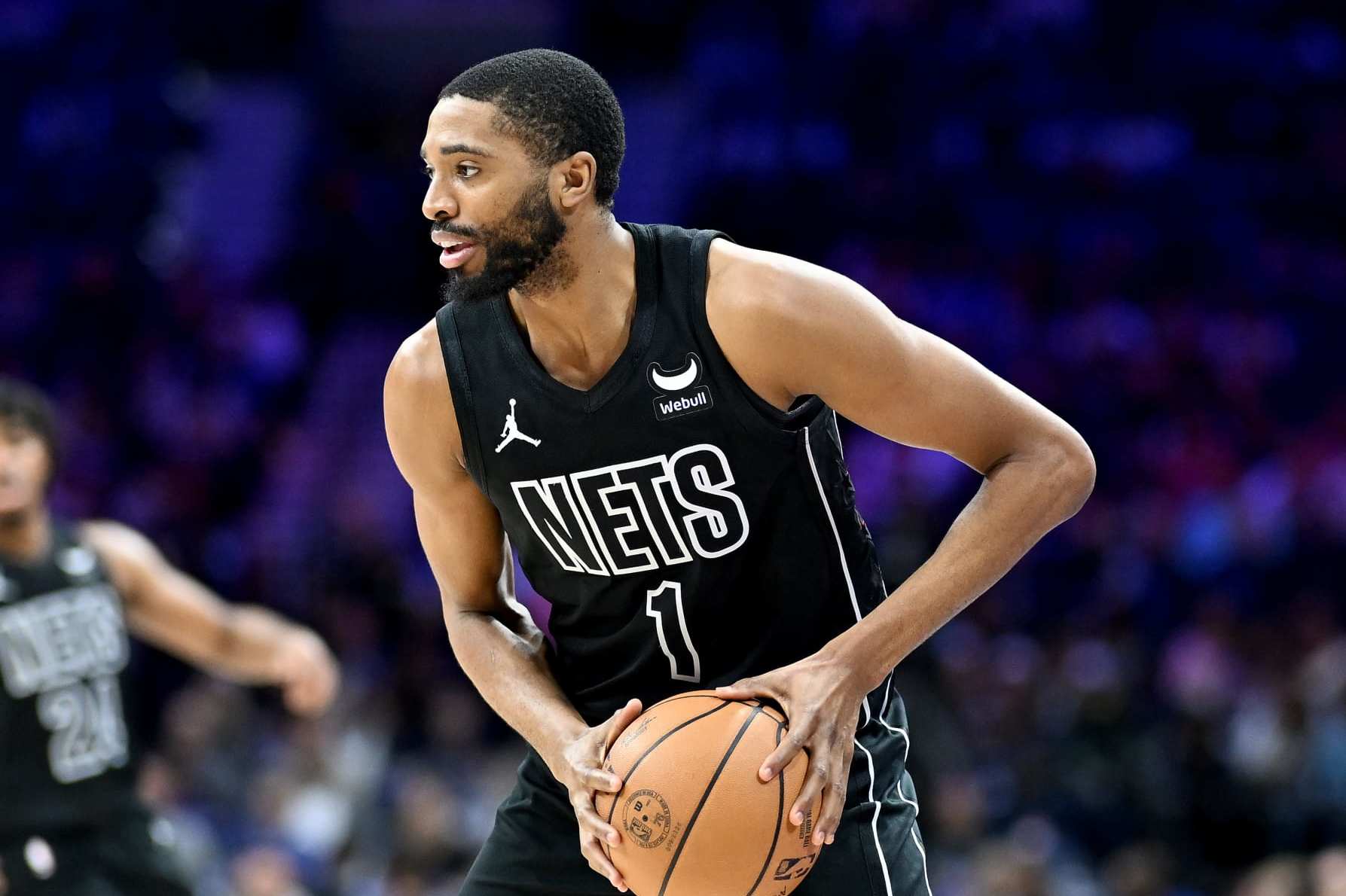 PHILADELPHIA, PENNSYLVANIA - APRIL 14: Mikal Bridges #1 of the Brooklyn Nets handles the ball against the Philadelphia 76ers at the Wells Fargo Center on April 14, 2024 in Philadelphia, Pennsylvania. NOTE TO USER: User expressly acknowledges and agrees that, by downloading and or using this photograph, User is consenting to the terms and conditions of the Getty Images License Agreement. (Photo by G Fiume/Getty Images)