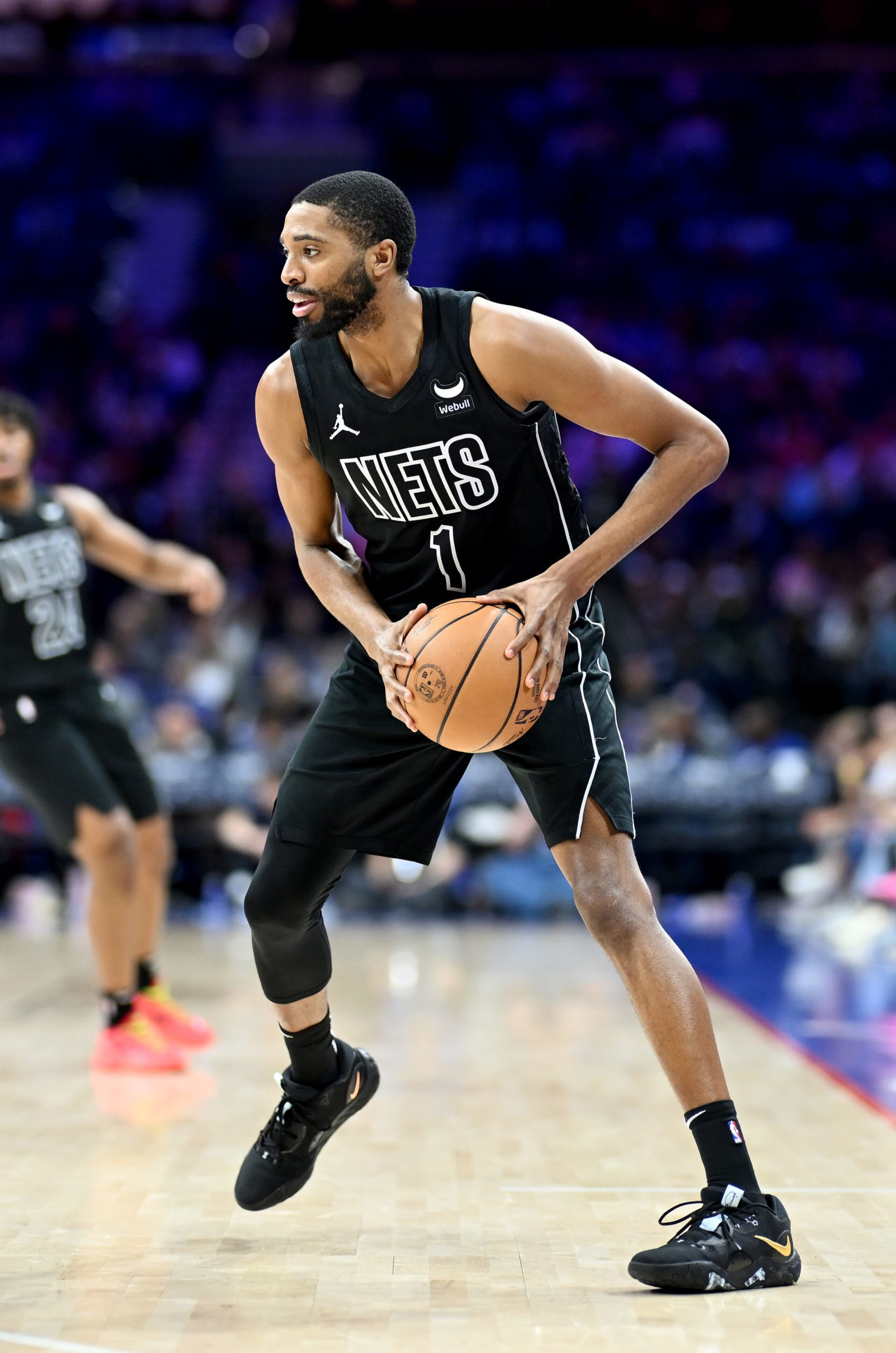 PHILADELPHIA, PENNSYLVANIA - APRIL 14: Mikal Bridges #1 of the Brooklyn Nets handles the ball against the Philadelphia 76ers at the Wells Fargo Center on April 14, 2024 in Philadelphia, Pennsylvania.  NOTE TO USER: User expressly acknowledges and agrees that, by downloading and or using this photograph, User is consenting to the terms and conditions of the Getty Images License Agreement. (Photo by G Fiume/Getty Images)
