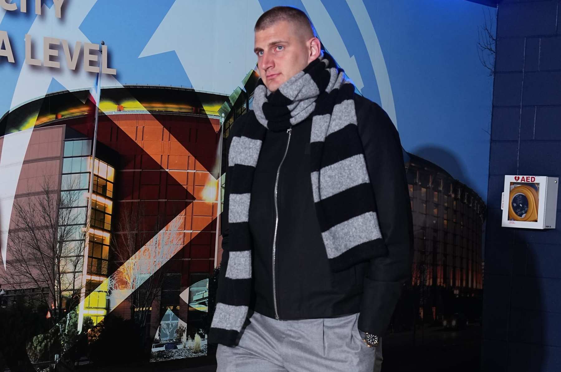DENVER, CO - APRIL 20: Nikola Jokic #15 of the Denver Nuggets arrives to the arena before the game against the Los Angeles Lakers during Round 1 Game 1 of the 2024 NBA Playoffs on April 20, 2024 at the Ball Arena in Denver, Colorado. NOTE TO USER: User expressly acknowledges and agrees that, by downloading and/or using this Photograph, user is consenting to the terms and conditions of the Getty Images License Agreement. Mandatory Copyright Notice: Copyright 2024 NBAE (Photo by Garrett Ellwood/NBAE via Getty Images)