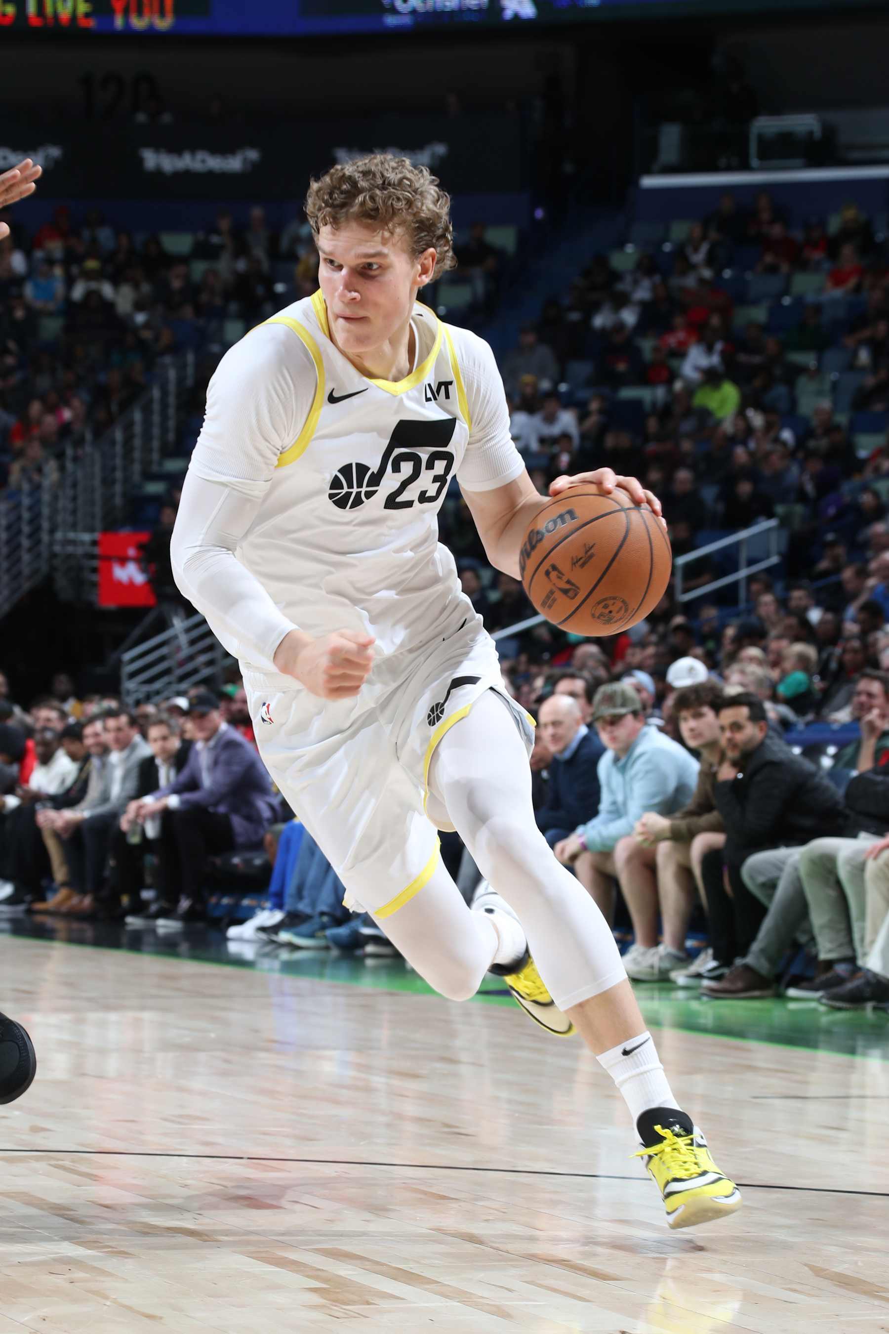 NEW ORLEANS, LA - JANUARY 23: Lauri Markkanen #23 of the Utah Jazz dribbles the ball during the game against the New Orleans Pelicans on January 23, 2024 at the Smoothie King Center in New Orleans, Louisiana. NOTE TO USER: User expressly acknowledges and agrees that, by downloading and or using this Photograph, user is consenting to the terms and conditions of the Getty Images License Agreement. Mandatory Copyright Notice: Copyright 2024 NBAE (Photo by Layne Murdoch Jr./NBAE via Getty Images)