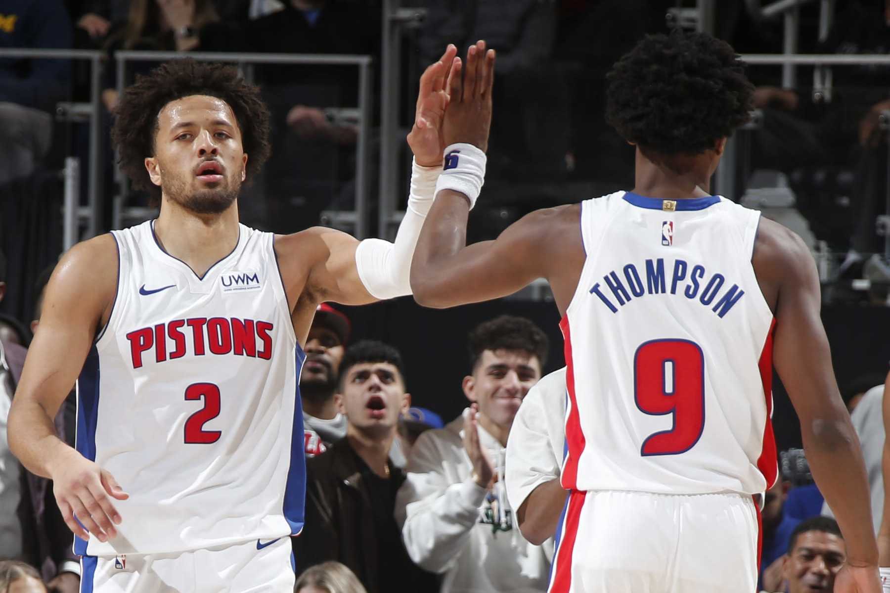 DETROIT, MI - NOVEMBER 6: Cade Cunningham #2 and Ausar Thompson #9 of the Detroit Pistons high five during the game against the Golden State Warriors on November 6, 2023 at Little Caesars Arena in Detroit, Michigan. NOTE TO USER: User expressly acknowledges and agrees that, by downloading and/or using this photograph, User is consenting to the terms and conditions of the Getty Images License Agreement. Mandatory Copyright Notice: Copyright 2023 NBAE (Photo by Brian Sevald/NBAE via Getty Images)