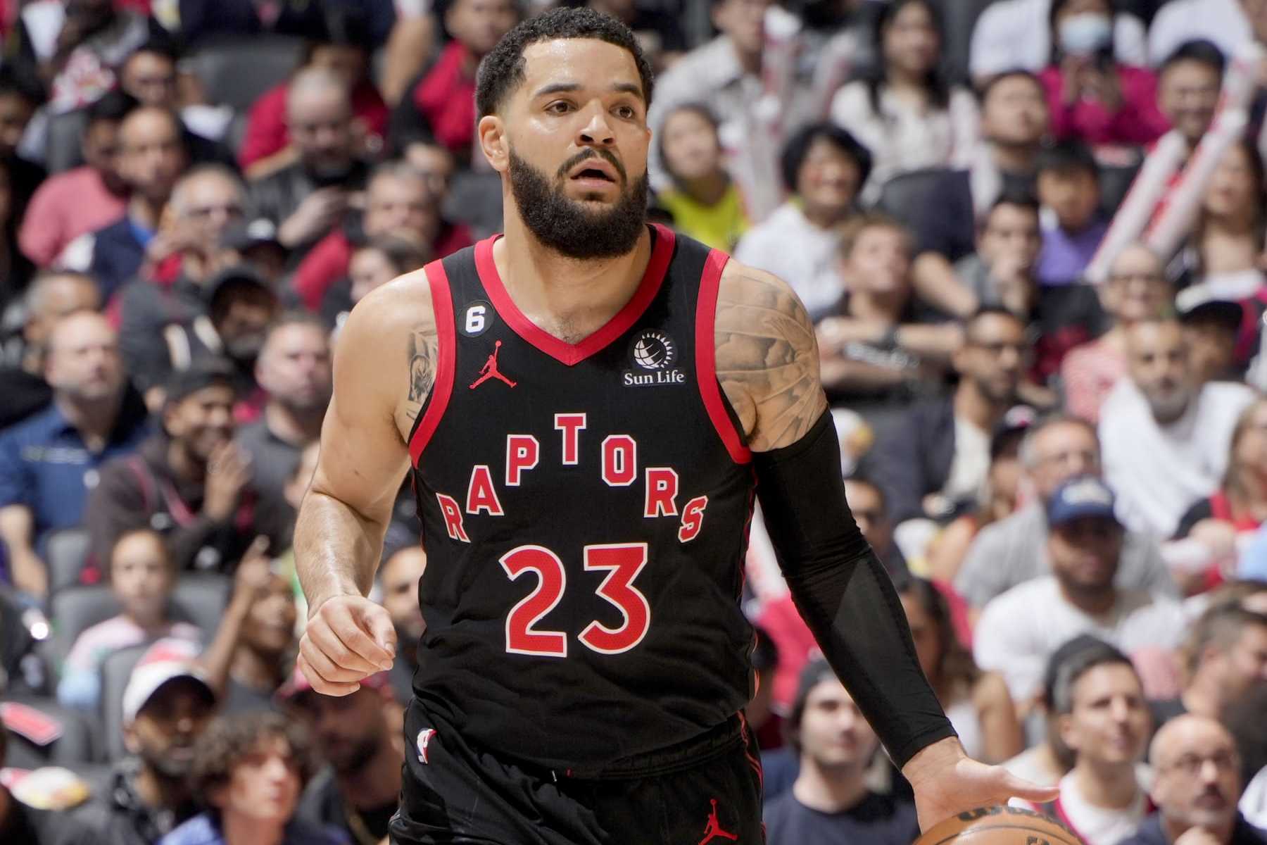 TORONTO, CANADA - APRIL 12:  Fred VanVleet #23 of the Toronto Raptors dribbles the ball against the Chicago Bulls during the 2023 Play-In Tournament on April 12, 2023 at the Scotiabank Arena in Toronto, Ontario, Canada.  NOTE TO USER: User expressly acknowledges and agrees that, by downloading and or using this Photograph, user is consenting to the terms and conditions of the Getty Images License Agreement.  Mandatory Copyright Notice: Copyright 2022 NBAE (Photo by Mark Blinch/NBAE via Getty Images)