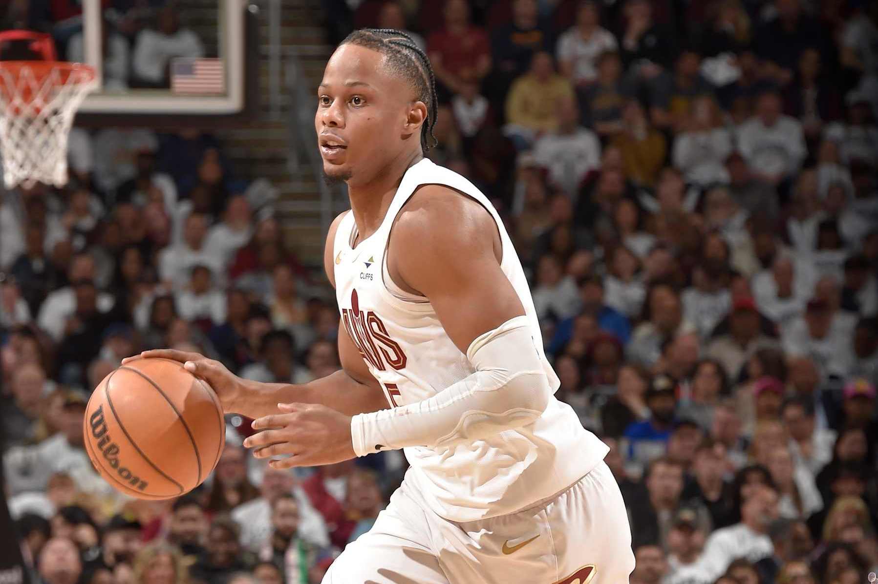 CLEVELAND, OH - APRIL 22: Isaac Okoro #35 of the Cleveland Cavaliers dribbles the ball during the game against the Orlando Magic during Round 1 Game 2 of the 2024 NBA Playoffs on April 22, 2024 at Rocket Mortgage FieldHouse in Cleveland, Ohio. NOTE TO USER: User expressly acknowledges and agrees that, by downloading and/or using this Photograph, user is consenting to the terms and conditions of the Getty Images License Agreement. Mandatory Copyright Notice: Copyright 2024 NBAE (Photo by David Liam Kyle/NBAE via Getty Images)