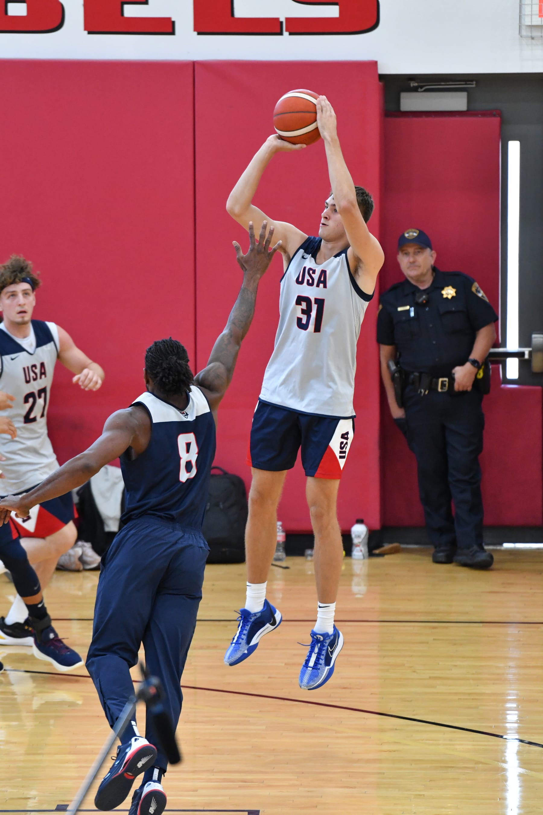 LAS VEGAS, NV - JULY 8:   Cooper Flagg #31 of the USAB Mens Select Team shoots the ball during the USAB Men's Training Camp on July 8, 2024 at UNLV in Las Vegas, Nevada. NOTE TO USER: User expressly acknowledges and agrees that, by downloading and or using this photograph, User is consenting to the terms and conditions of the Getty Images License Agreement. Mandatory Copyright Notice: Copyright 2024 NBAE (Photo by Juan Ocampo/NBAE via Getty Images)
