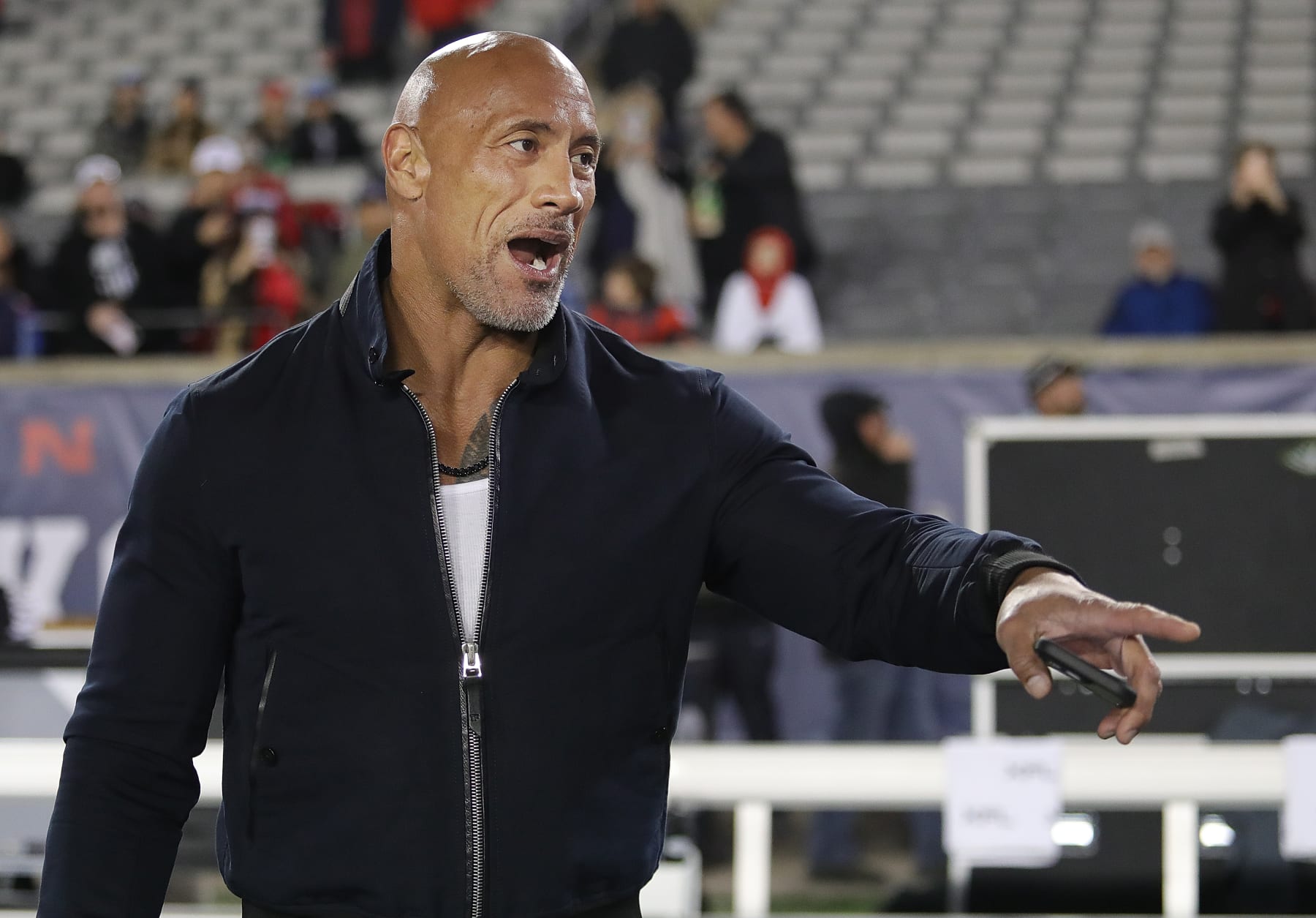 Houston, Texas - February 18: XFL co-owner Dwayne "The rock is" Johnson appears at TDECU Stadium when the Houston Roughnecks take on the Orlando Guardia on February 18, 2023 in Houston, Texas.  (Photo by Bob Levy/Getty Images)