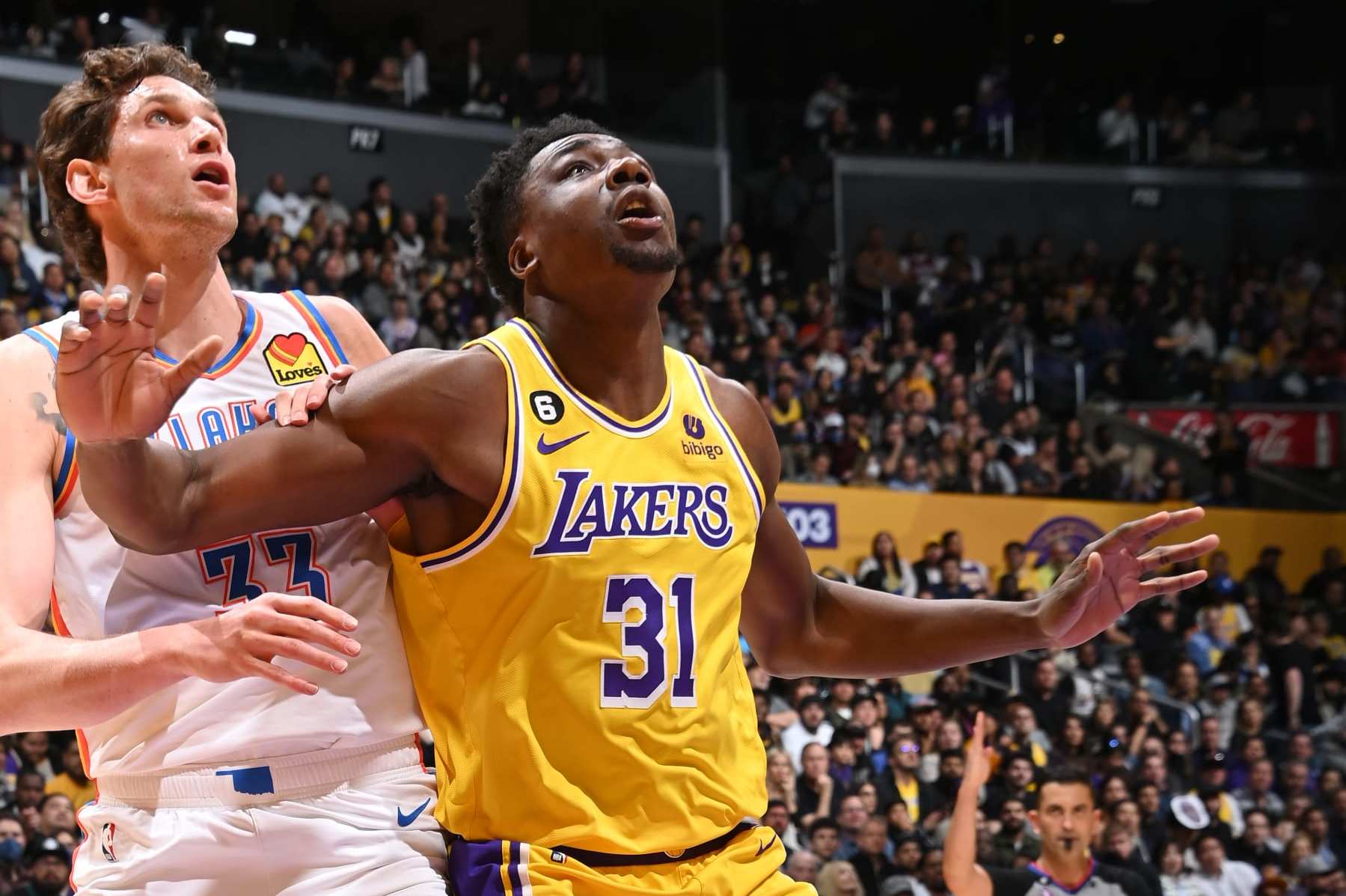 LOS ANGELES, CA - FEBRUARY 7: Thomas Bryant #31 of the Los Angeles Lakers waits for a rebound against the Oklahoma City Thunder on February 7, 2023 at Crypto.Com Arena in Los Angeles, California. NOTE TO USER: User expressly acknowledges and agrees that, by downloading and/or using this Photograph, user is consenting to the terms and conditions of the Getty Images License Agreement. Mandatory Copyright Notice: Copyright 2023 NBAE (Photo by Andrew D. Bernstein/NBAE via Getty Images) LOS ANGELES, CA - FEBRUARY 7: Thomas Bryant #31 of the Los Angeles Lakers waits for a rebound against the Oklahoma City Thunder on February 7, 2023 at Crypto.Com Arena in Los Angeles, California. NOTE TO USER: User expressly acknowledges and agrees that, by downloading and/or using this Photograph, user is consenting to the terms and conditions of the Getty Images License Agreement. Mandatory Copyright Notice: Copyright 2023 NBAE (Photo by Andrew D. Bernstein/NBAE via Getty Images)