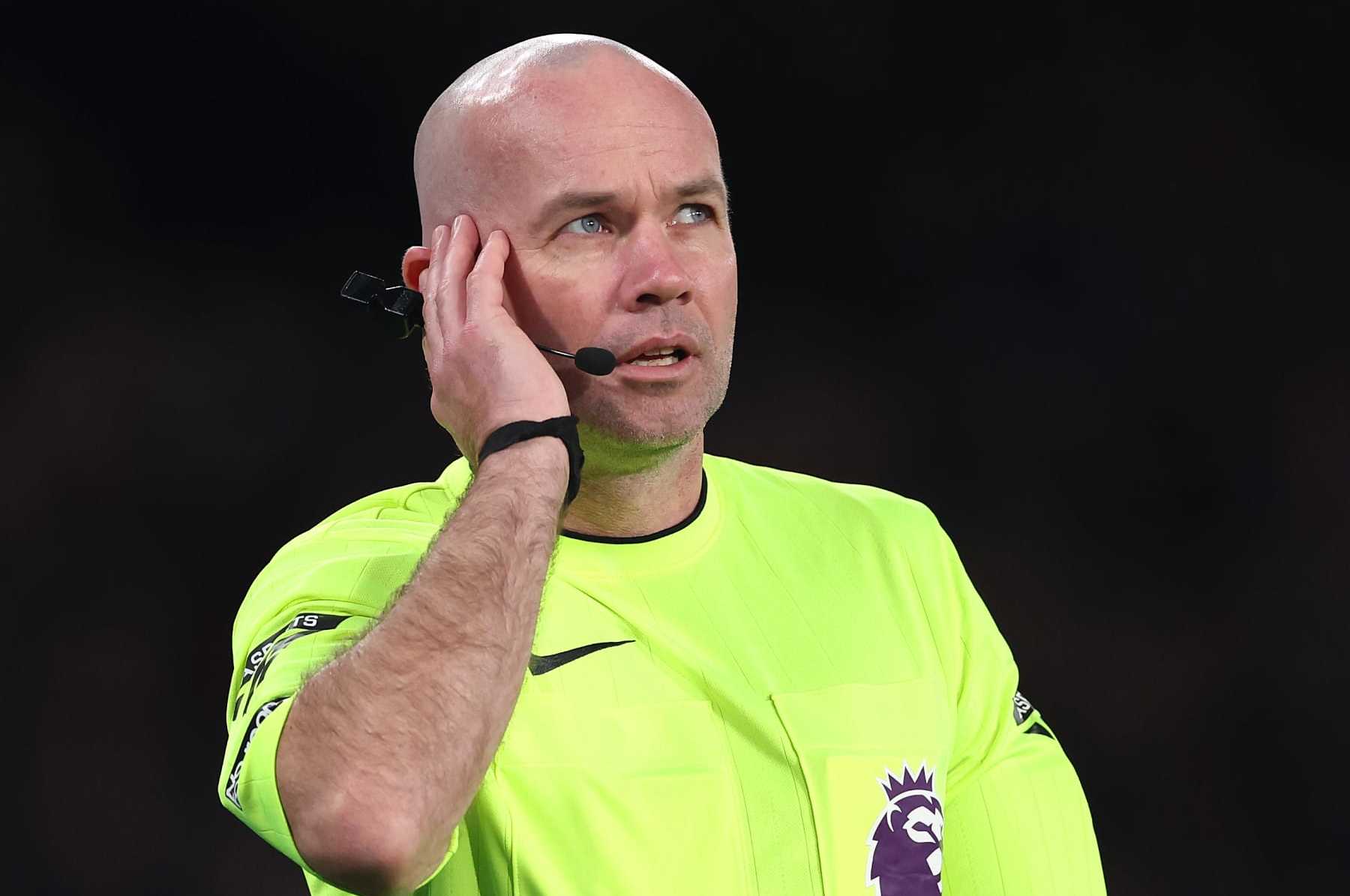 LONDON, ENGLAND - APRIL 15: Referee Paul Tierney checks with VAR during the Premier League match between Chelsea FC and Everton FC at Stamford Bridge on April 15, 2024 in London, England. (Photo by Alex Pantling/Getty Images) (Photo by Alex Pantling/Getty Images)