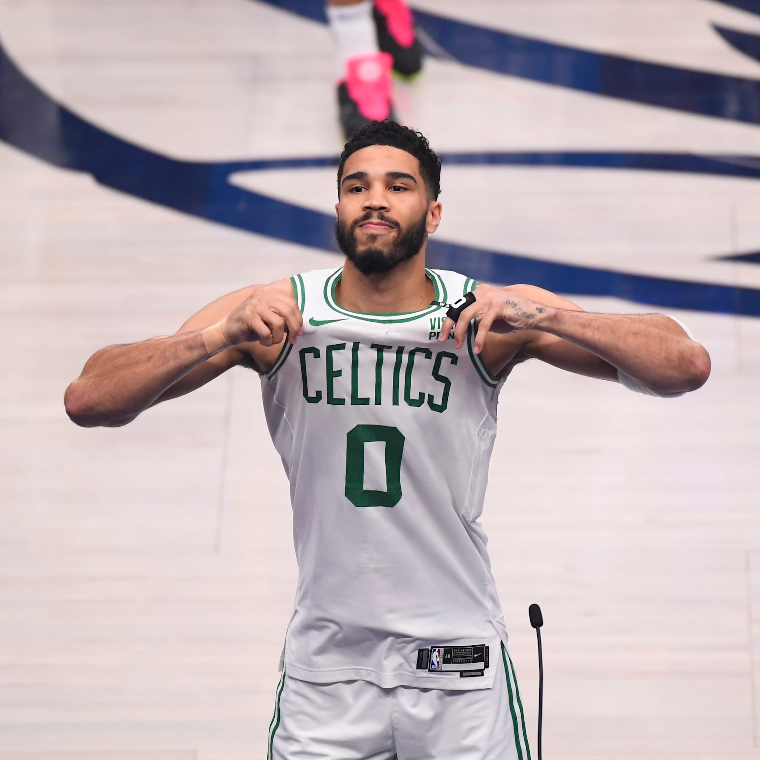 DALLAS, TX - JUNE 14: Jayson Tatum #0 of the Boston Celtics looks on during the game against the Dallas Mavericks during Game 4 of the 2024 NBA Finals on June 14, 2024 at the American Airlines Center in Dallas, Texas. NOTE TO USER: User expressly acknowledges and agrees that, by downloading and or using this photograph, User is consenting to the terms and conditions of the Getty Images License Agreement. Mandatory Copyright Notice: Copyright 2024 NBAE (Photo by Brian Babineau/NBAE via Getty Images)