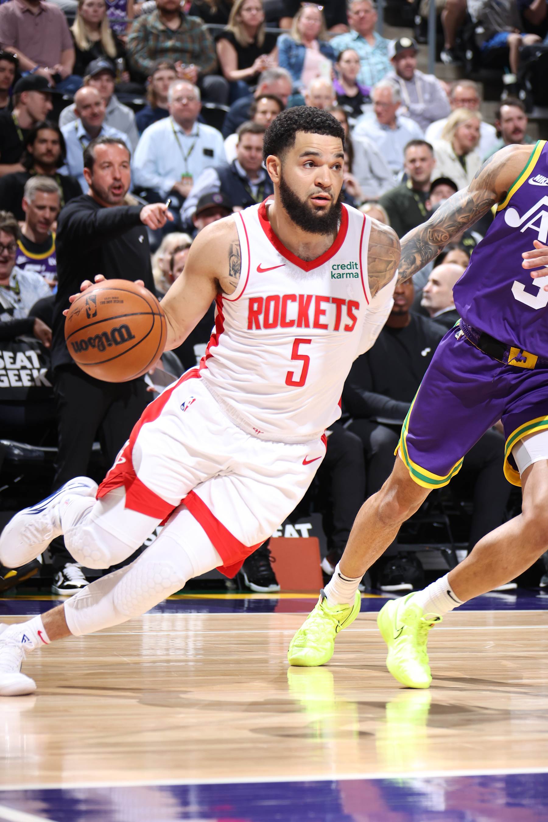 SALT LAKE CITY, UT - APRIL 11: Fred VanVleet #5 of the Houston Rockets handles the ball during the game against the Utah Jazz on April 11, 2024 at Delta Center in Salt Lake City, Utah. NOTE TO USER: User expressly acknowledges and agrees that, by downloading and or using this Photograph, User is consenting to the terms and conditions of the Getty Images License Agreement. Mandatory Copyright Notice: Copyright 2024 NBAE (Photo by Melissa Majchrzak/NBAE via Getty Images)