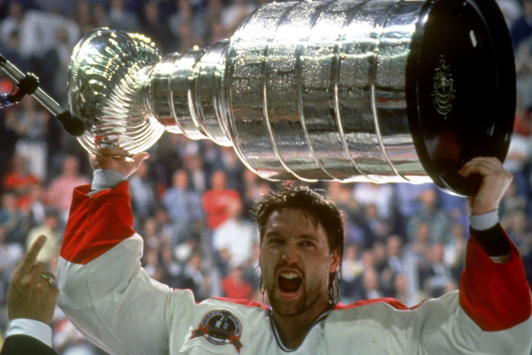 2002 Season: Patrick Roy raises the cup, 1993 Stanley Cup. (Photo by Bruce Bennett Studios via Getty Images Studios/Getty Images)
