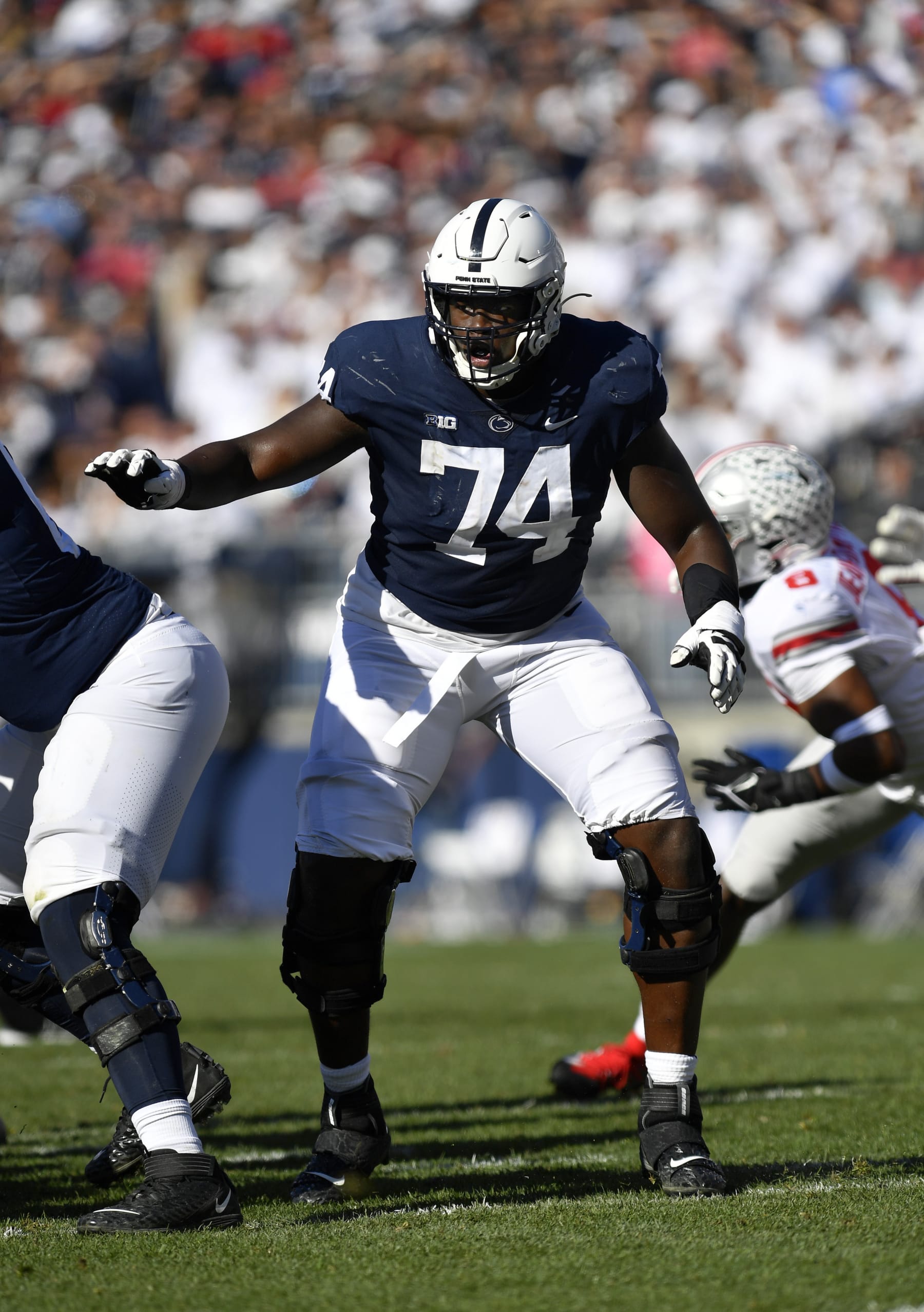Football Football UNIVERSITY PARK, PA - OCTOBER 29: Penn State tackle Olumuyiwa Fashanu (74) pass blocks during the Ohio State Buckeyes versus Penn State Nittany Lions game on October 29, 2022 at Beaver Stadium in University Park, PA. (Photo by Randy Litzinger/Icon Sportswire via Getty Images)
