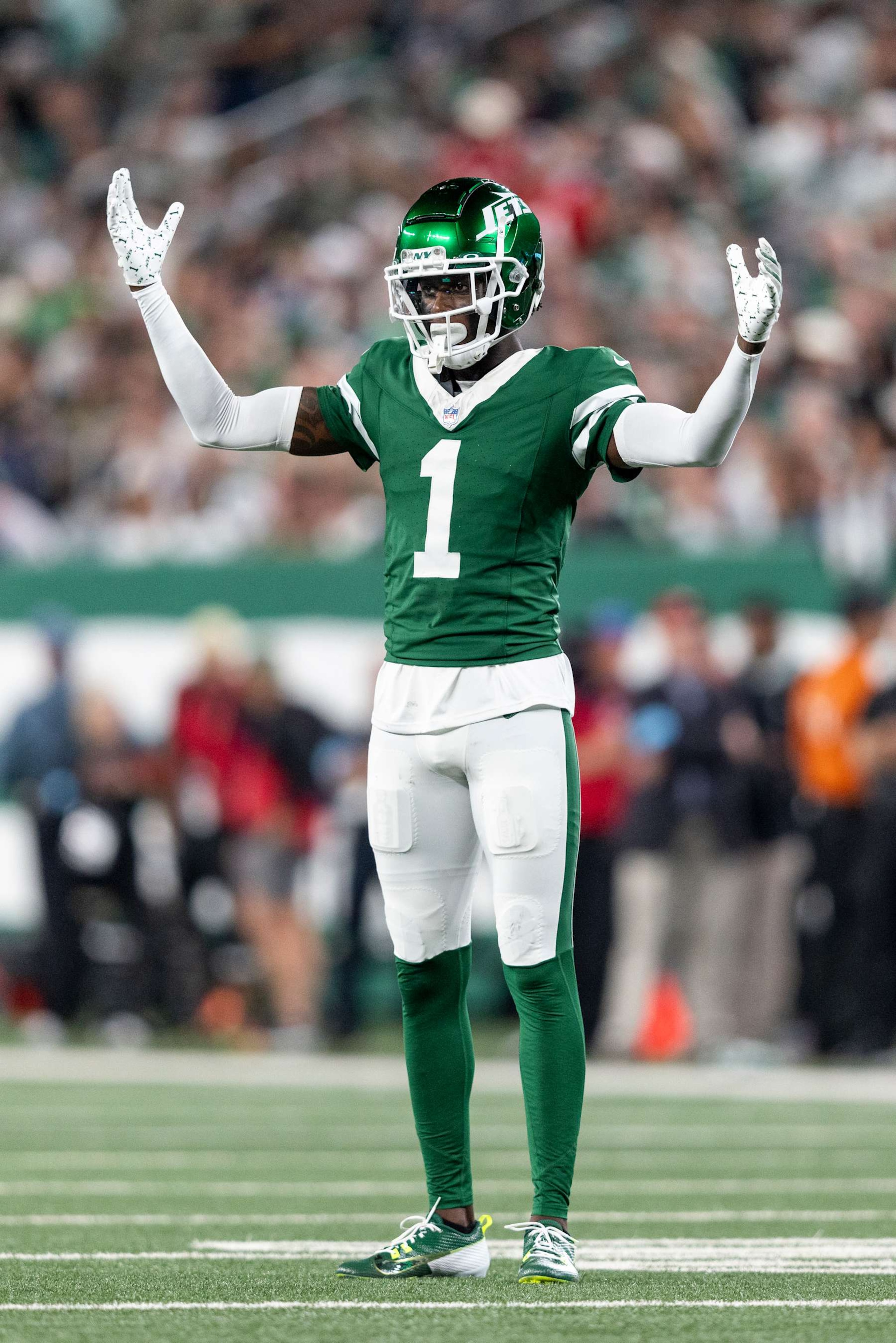 EAST RUTHERFORD, NEW JERSEY - SEPTEMBER 19: Sauce Gardner #1 of the New York Jets reacts during an NFL football game between the New York Jets and the New England Patriots at MetLife Stadium on September 19, 2024 in East Rutherford, New Jersey. (Photo by Michael Owens/Getty Images)