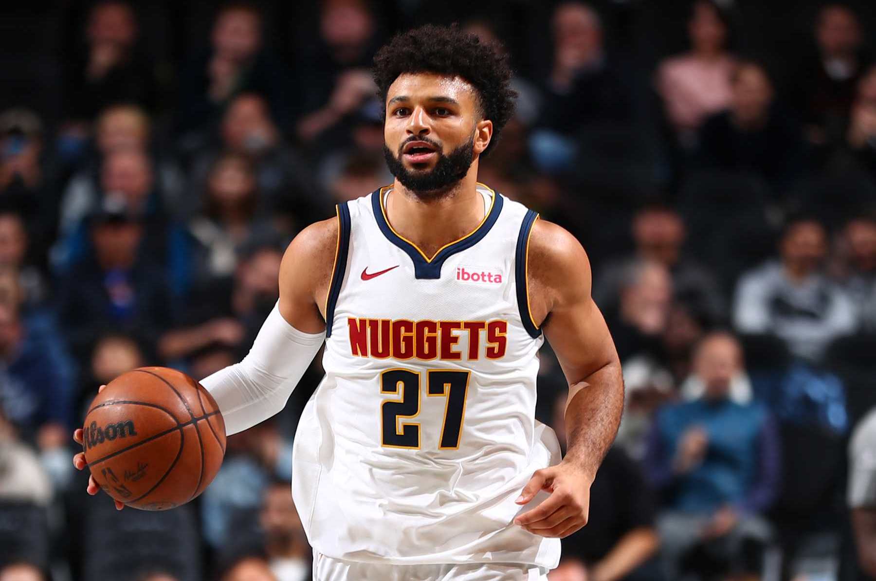 BROOKLYN, NY - OCTOBER 29: Jamal Murray #27 of the Denver Nuggets dribbles the ball during the game against the Brooklyn Nets on October 29, 2024 at Barclays Center in Brooklyn, New York. NOTE TO USER: User expressly acknowledges and agrees that, by downloading and or using this Photograph, user is consenting to the terms and conditions of the Getty Images License Agreement. Mandatory Copyright Notice: Copyright 2024 NBAE (Photo by David L. Nemec/NBAE via Getty Images)