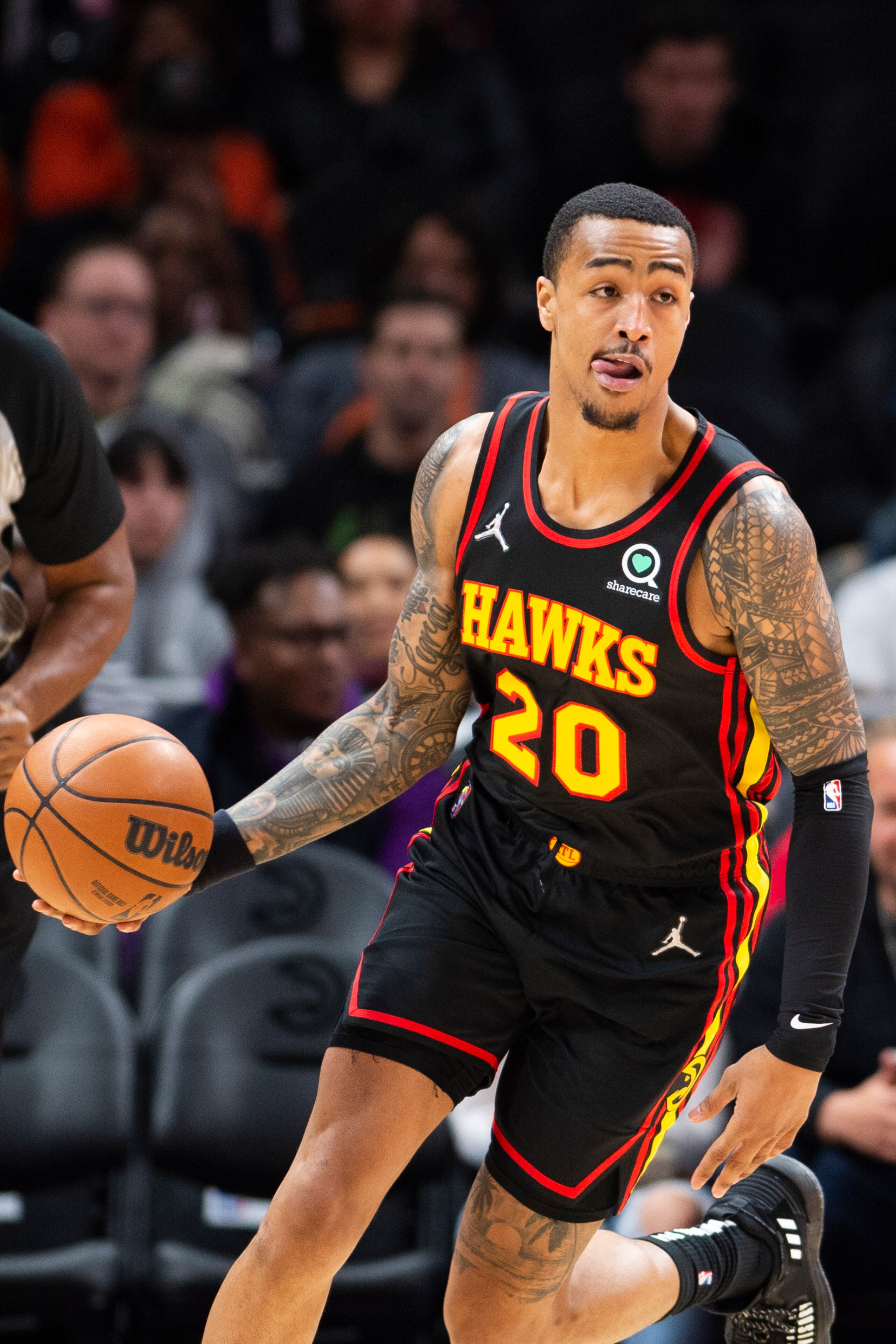 Atlanta Hawks forward John Collins (20) shown during the first half of an NBA basketball game against the New York Knicks Saturday, Nov. 27, 2021, in Atlanta. (AP Photo/Hakim Wright Sr.)
